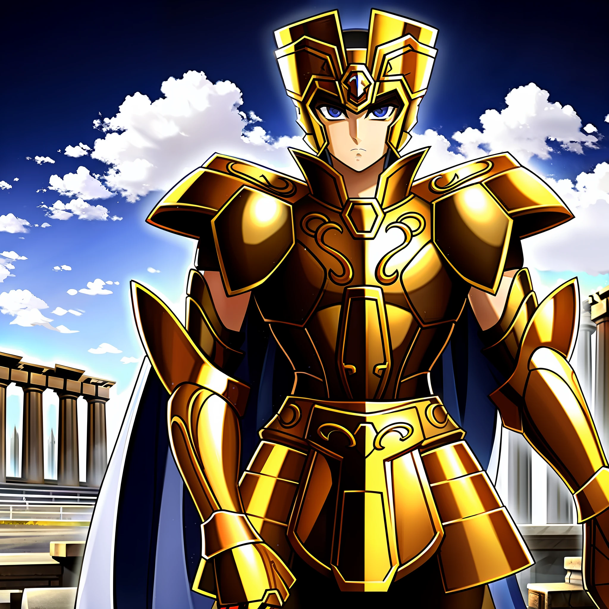 GeminiArmor, gold armor, Henry Cavil as 1boy, armor, dramatic sky, looking at viewer, armor, closed mouth, upper body, serious, helmet, on greek temple bridge, anime, full-body. walking  towards the viewer, boots