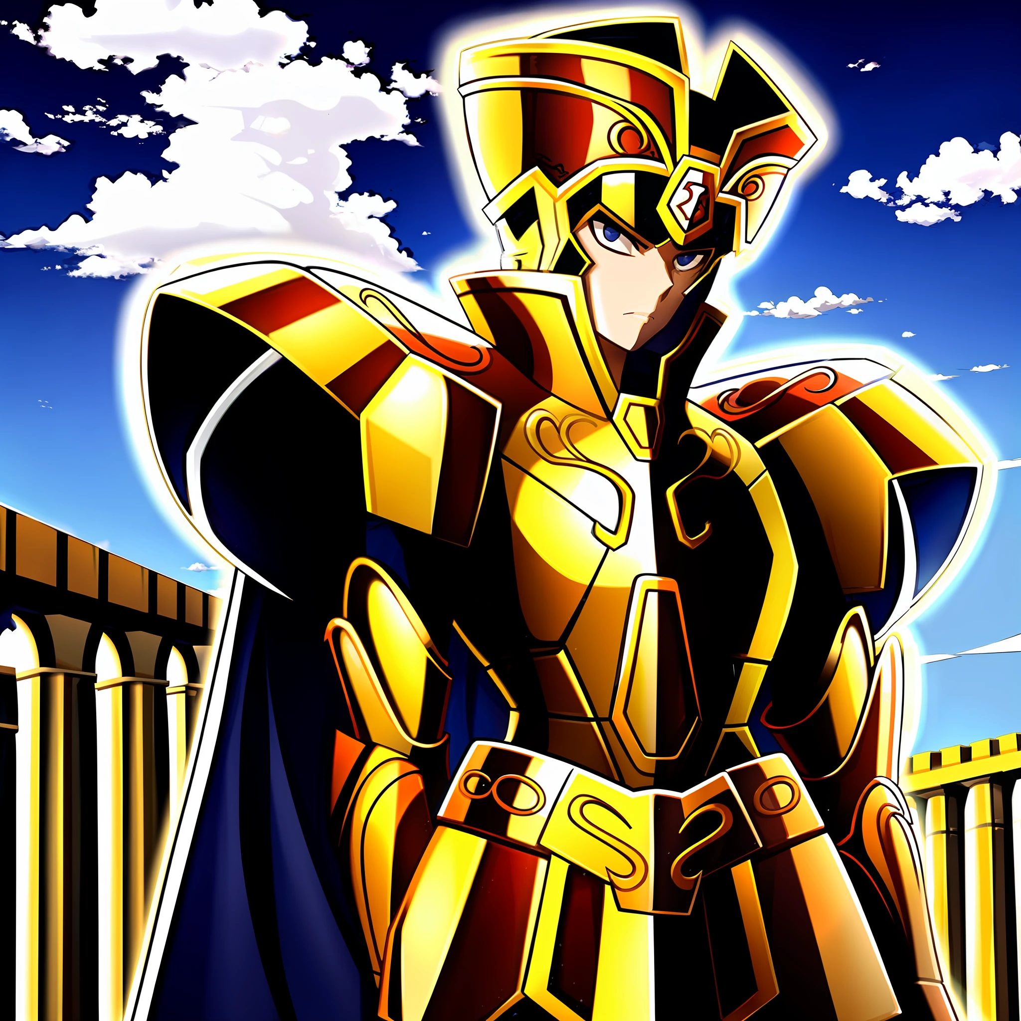 GeminiArmor, gold armor, Henry Cavil as 1boy, armor, dramatic sky, looking at viewer, armor, closed mouth, upper body, serious, helmet, on greek temple bridge, anime, full-body. walking towards the viewer, boots