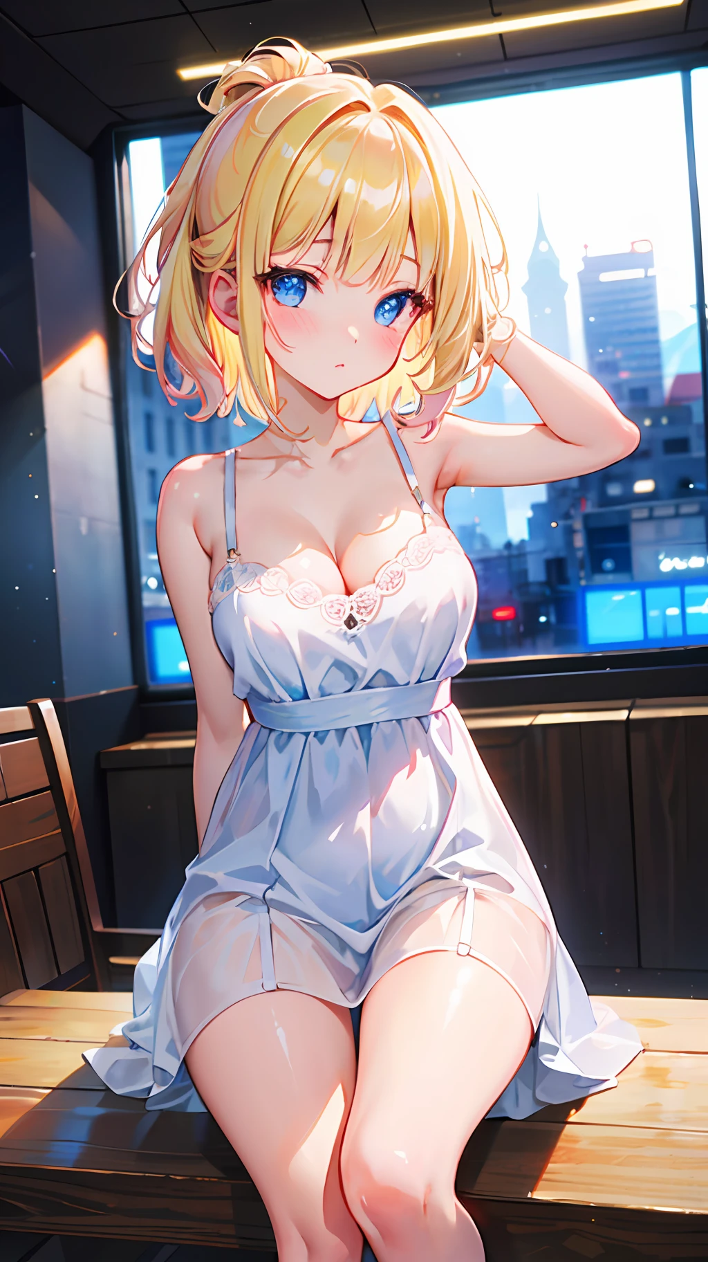 ((masterpiece, best quality;1.3)), ultra detailed, 8k unity wallpapers, CG, ray tracing, illustration, colorful, cinematic shadow, extremely detailed and beautiful background,vhd, shadering VRay,RT, 1girl, age, petite, loliush, solo, blue eyes, (blush), (blonde hair), (medium hair), (large breasts), slim waist, white glowing skin, highly detailed beautiful face, beautiful face, beautiful eyes, (talented Lo-Fi:1.3), naked, sexy, lewd, skindentation, wearing ballet dress, wearing tutu, in theater, in a studio, close-up, glowing, glowing light, ultra detailed, scenic, atmospheric