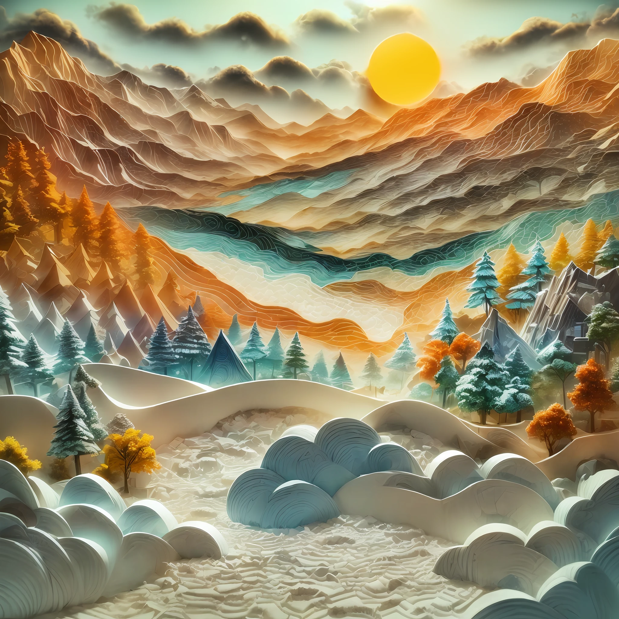 (Sandbox:1.4),cinematic angle,(Sun, white clouds, mountains, forests, rivers),(paper art,Quilted paper art,geomerty),(extremely colorful, Best quality, Detailed details, Masterpiece, offcial art, movie light effect, 4K, Chiaroscuro)