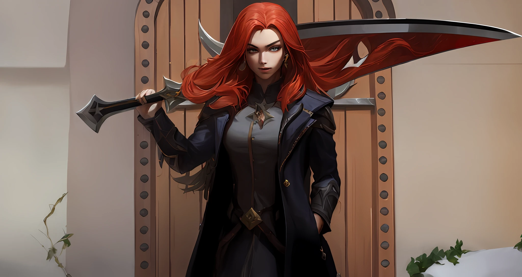 Garota com cabelo vermelho e um casaco preto segurando uma espada de carne em frente a porta de um castelo, com longos cabelos vermelho cereja, mulher musculosa sensual, com cabelos vermelho cereja, com espada grande, ela tem cabelos cereja, cabelos vermelhos cereja e olhos vermelhos, League of Legends Splash Art, detailed face, detailed hand, espada viva, espada de carne viva, espada viva com olhos, melhor qualidade, garota, mulher, female, espada com olhos, sword made with muscles equal to that of animals, rosto anime, anime face, light skin, lolstyle, correct face, correct hand