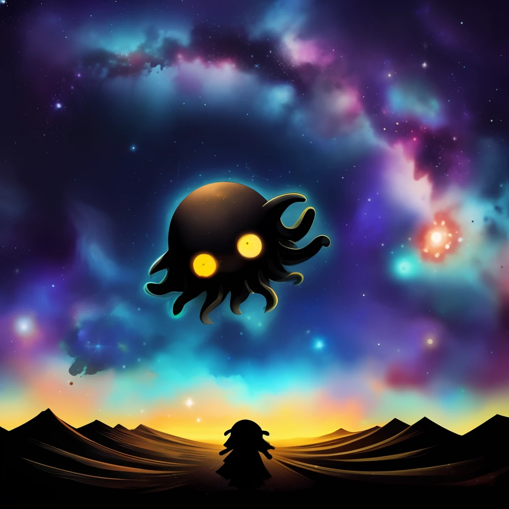Stick figure style，Below is a crying baby，crosses， Above is the Cthulhu monster， Infinite galaxies， Dangerous black holes， Exploding supernovae， Floating star， Unlimited stairs， starry Nebula， Disturbing， Negative dark mode， Matrix atmosphere