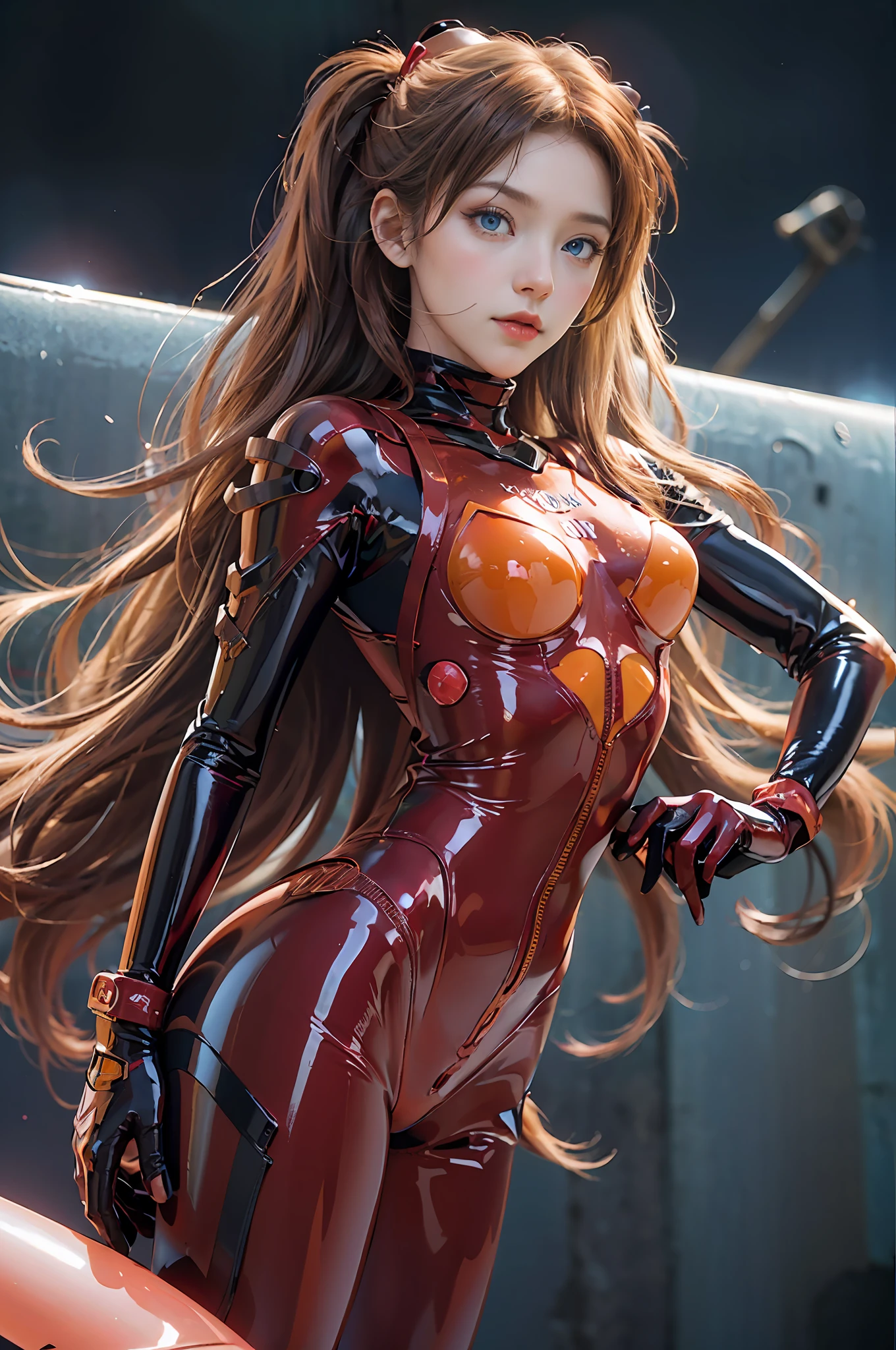 Masterpiece,8k,3D,((full body:1.1)),(realistic),ultrafine photo,best quality,official art,realistic realism,sunlight,bright colors,sunlight,theater lighting,((1 female)) 25years old,tall with small face,(perfect proportions),(1.1 from bottom), Dynamic Angle,(Pose with hands on hips),((Souryuaska Langley,Souryuaska Langley Plug Suit 02:1.0),((Blue Eyes,Beautiful Face, Beautiful Eyes))), Pretty Face, Wet Eyes, Glowing Eyes,Detail Face, Detail Lips, Detail Eyes, (Thin Sharp Pale Eyebrows, Long Eyelashes, Long Lower Eyelashes), Double Eyelids, Grumpy expression,realistic skin texture,visible pores,seductive smile, gentle expression, fleeting expression,slender and muscular, (high-leg swimsuit:1.0)、see-through:0.9、thin and muscular,(dark red rubber suit with strong metallic luster and smooth surface), (sexy tight metallic shiny dark red latex suit), Dark Red bodysuit, shining like a mirror, (strong metallic shiny black tight latex on the inside of the arms), (black connection under the chest in a precise circle: 1.1), black connection on the shoulders of the exact circle: 1.1, two simple black wide latex from the thigh to the buttocks, ((red tight latex gloves)), from below, (smooth body line)), loneliness, blush, Shy, to8 contrast style, (glossy), delicate clothing wrinkles, beautiful light brown hair,twin tails, (standing on realistic battleship deck,dynamic and realistic sea background:1.1、dynamic and realistic dark blue sky,strong sunlight:1.1,), DSLR, Fujifilm XT3, sharp focus: 1.0, maximum clarity and sharpness, accurate simulation of the interaction of light and matter,