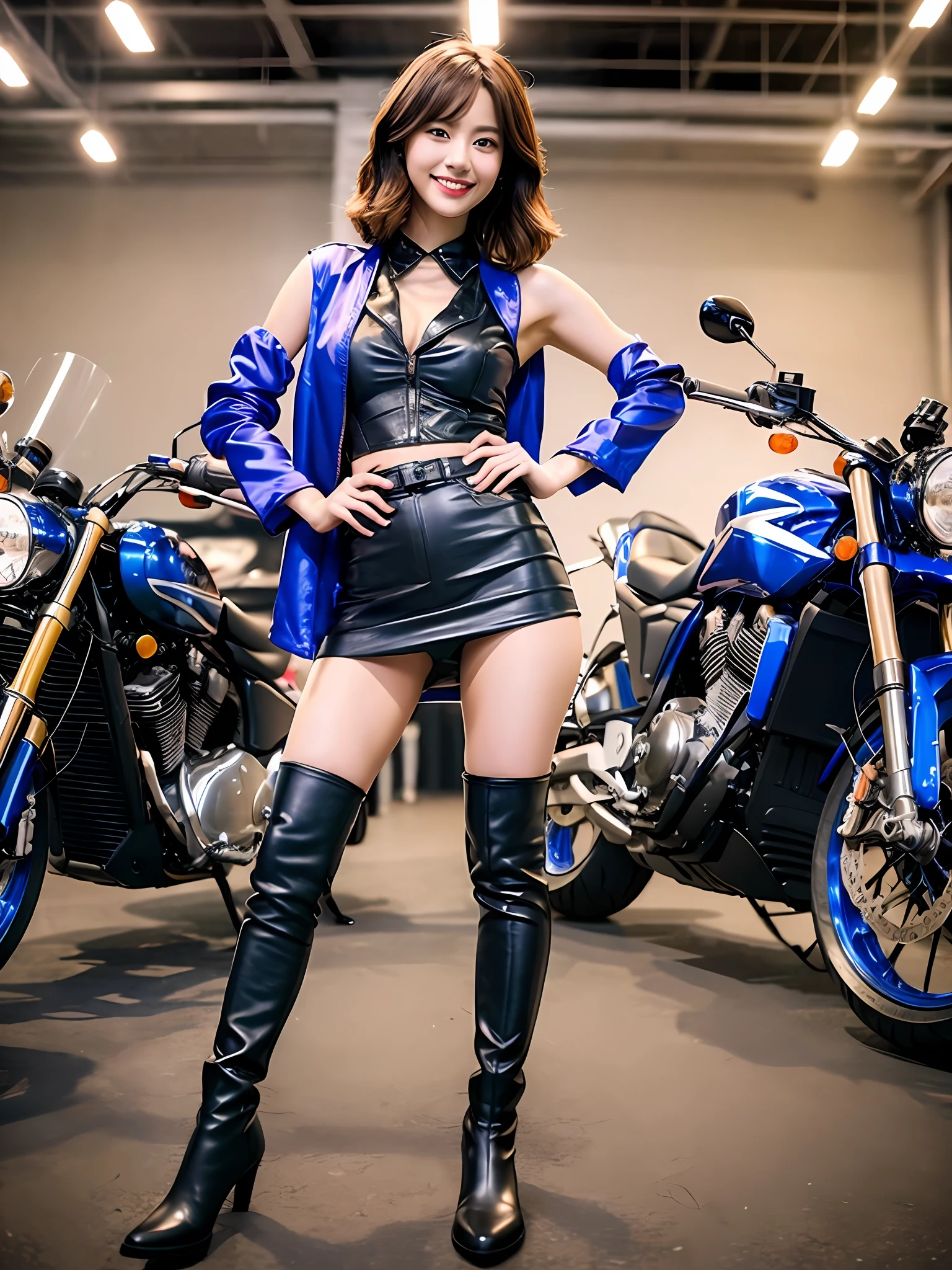 masterpiece, 1girl in 1photo, a Japanese cute girl, full body shot, front view, glamorous figure, wearing a satin deep blue jacket over a sleeveless black blouse with collared at the indoor motorcycle show in a crowd, wearing a satin deep blue miniskirt, wearing long boots, colored with black and deep blue, standing to pose surrounded by motorcycles with a big smile, colored with black and deep blue, ultra cute face, 18 years old, shiny accessories, double eyelids in both eyes, long eyelashes, shiny smooth light brown hair of shoulder length, asymmetrical bangs, tanned skin, staring at the camera, center image, 8K resolution, high detail, detailed hairstyle, detailed face, dark eyes, spectacular cinematic lighting, octane rendering, vibrant, hyper realistic, perfect limbs, perfect anatomy