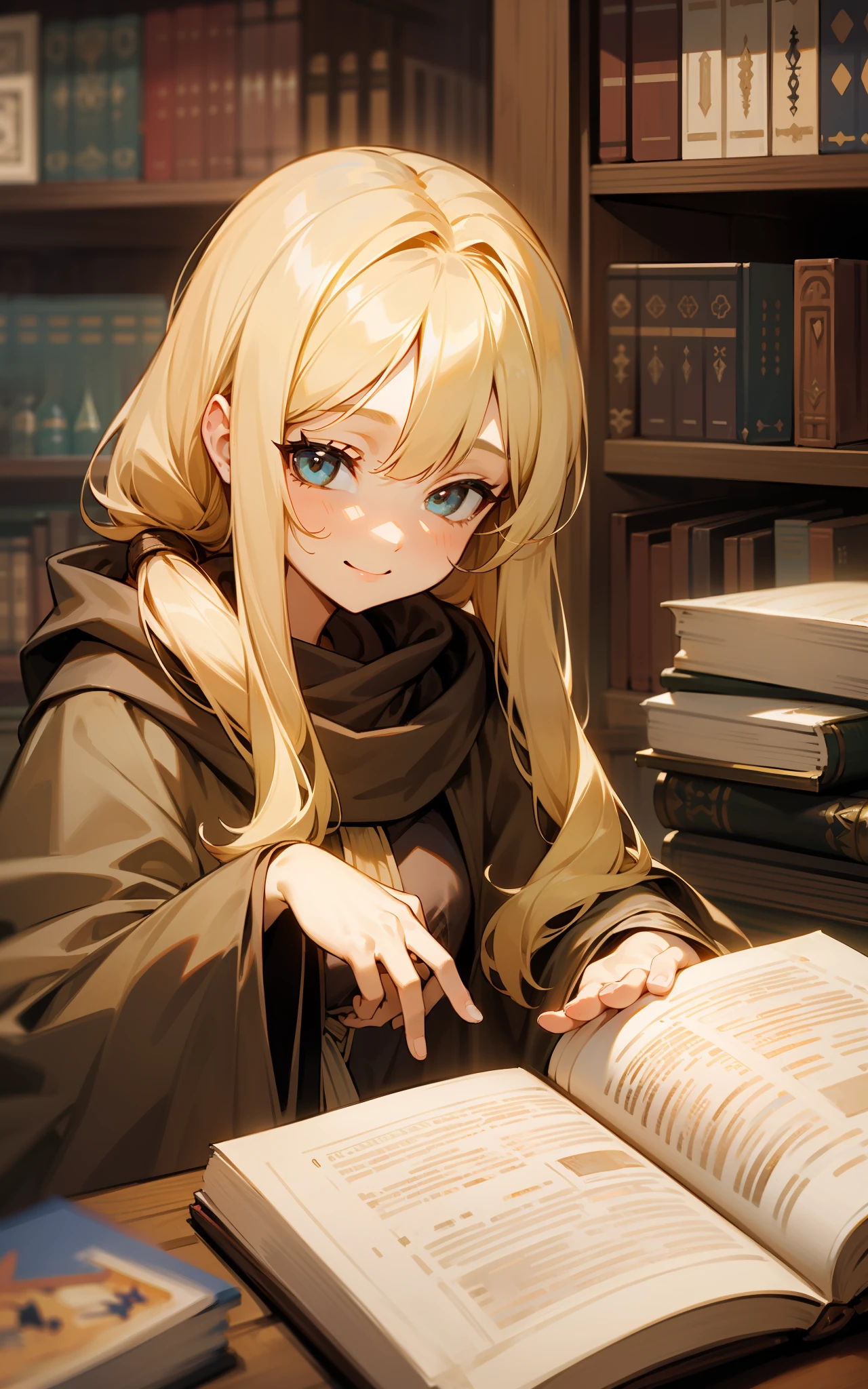 top-quality、hight resolution、detaileds, Desert People、Beautiful girl in light clothes and cloak、de pele branca、Fantasy worldview、Blonde long hair、Sauce order、Read in the magnificent wooden library、A smile、