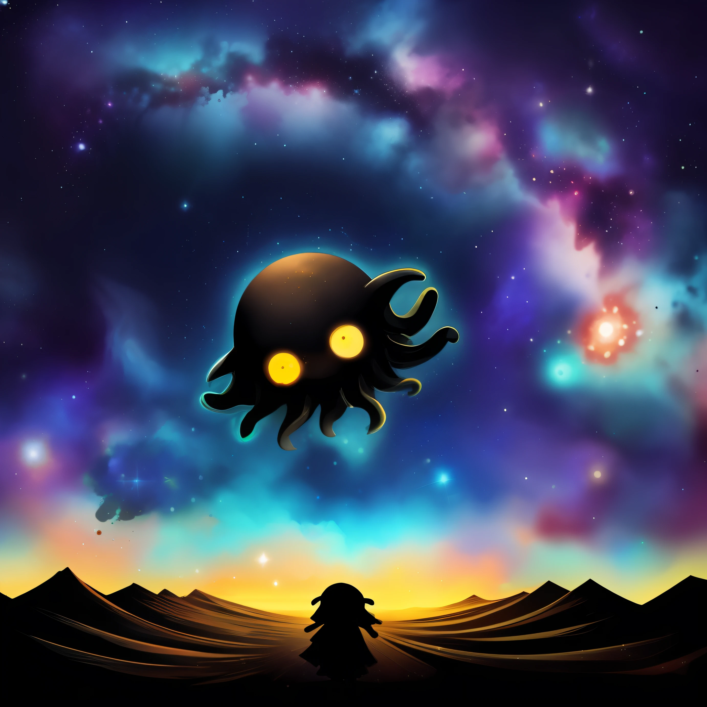 Stick figure style,Below is a crying baby,crosses, Above is the Cthulhu monster, Infinite galaxies, Dangerous black holes, Exploding supernovae, Floating star, Unlimited stairs, starry Nebula, Disturbing, Negative dark mode, Matrix atmosphere