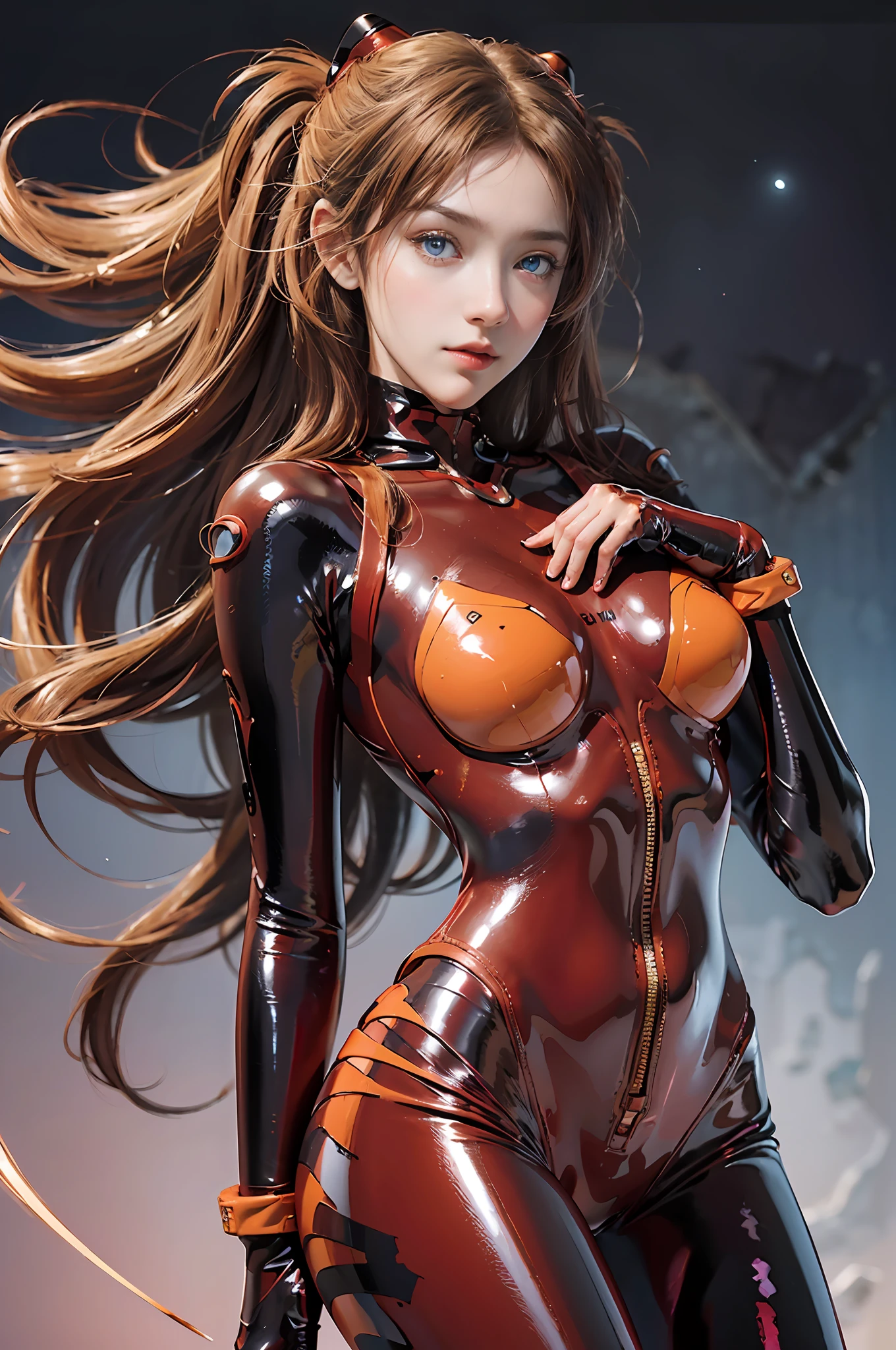Masterpiece,8k,3D,(Realistic),Ultra fine photography,Best quality,Official Art,Real realism,Sunlight,Bright colors,Sunlight,Theater lighting,(((1 woman)))25 years old,Tall,Small face,(Perfect proportions),((Full body:1.3)),(From bottom:1.1), Arm crossed pose,stand,open legs,((Souryuaska langley,Souryuaska langley, plug suit 02:1.0),((blue eyes,beautiful face,beautiful eyes))), pretty face, wet eyes, glowing eyes, detail face, detail lips, detail eyes, (thin sharp pale eyebrows, long eyelashes, long lower eyelashes), double eyelids, sullen look, realistic skin texture, visible pores, seductive smile, gentle look, fleeting expression, slender and muscular, (high-leg swimsuit: 1.0), see-through: 0.9, beautiful feminine hands, thin and muscular, (dark red rubber suit with strong metallic luster and smooth surface), (sexy tight metallic shiny dark red latex suit), dark red bodysuit shining like a mirror, (strong metallic shiny black tight latex on the inside of the arm), (black connection under the chest of the exact circle: 1.1), Precise circle shoulder black connection: 1.1, two simple black wide latex, from thigh to buttocks ((red tight latex gloves)), loneliness, blush, shy, to8 contrast style, (glossy), delicate clothes wrinkles, beautiful light brown hair, twin tails, (standing on realistic battleship deck, dynamic and realistic sea background: 1.1, Dynamic and realistic clear sky, strong sunlight: 1.1,), DSLR, Fujifilm XT3, Sharp Focus: 1.0, maximum clarity and sharpness, accurate simulation of the interaction of light and matter,