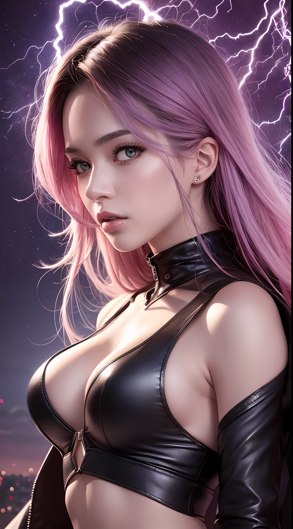 um close up de uma mulher com cabelo roxo e um top preto, desenhado no estilo de Artgerm, Modelo IG | Artgerm, Alena Aenami e Artgerm, splashes of lightning behind her, Ross Tran 8 K, Artgerm extremamente detalhado, menina cyberpunk sonhadora, em estilo de artgerm, Estilo de arte realista