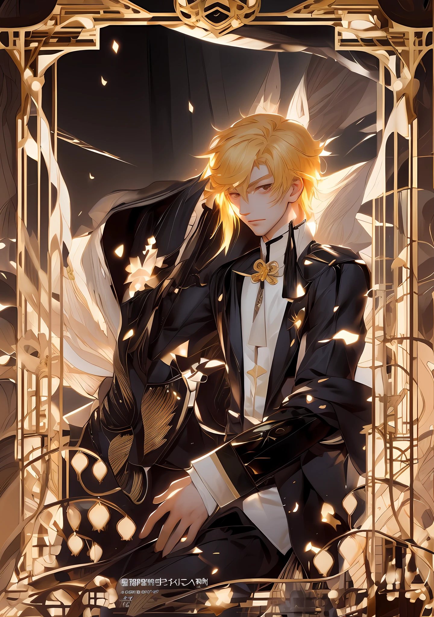anime character with blonde hair and a black outfit sitting in a frame, zhongli from genshin impact, by Yang J, genshin, portrait of magical blond prince, zerochan art, beautiful androgynous prince, trending on artstation pixiv, key anime art, by Shitao, genshin impact character,masterpiece, best quality, (extremely detailed CG unity 8k wallpaper), (best quality), (best illustration), (best shadow), absurdres, realistic lighting, (Abyss), beautiful detailed glow,masterpiece, best quality, (extremely detailed CG unity 8k wallpaper), (best quality), (best illustration), (best shadow), absurdres, realistic lighting, (Abyss), beautiful detailed glow