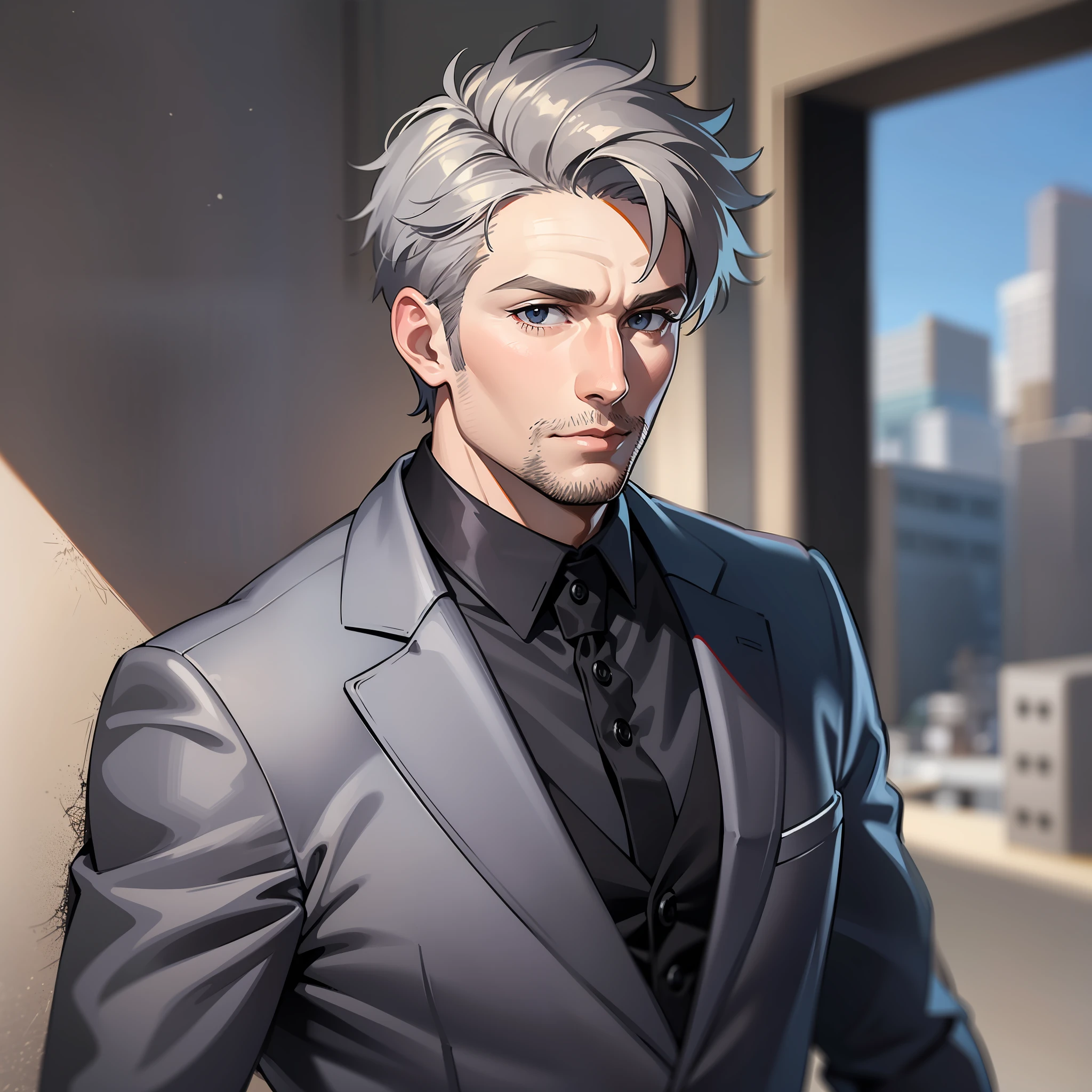 "(1 male, 40 years old, with short gray hair, tall, muscles, black clothes ( suit) | (focus on face)"