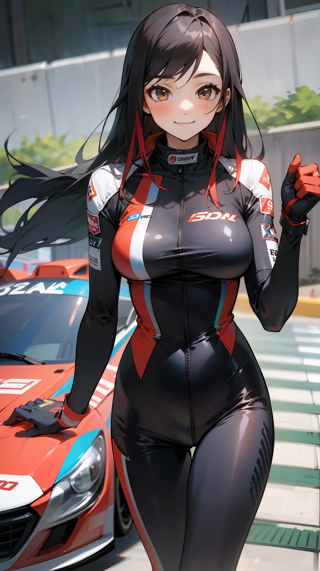 1girl, smile, car, racecar, circuit, racing suit, black bodysuit, two-tone gloves,black hair, long hair, brown eyes, large pips, thin waist,