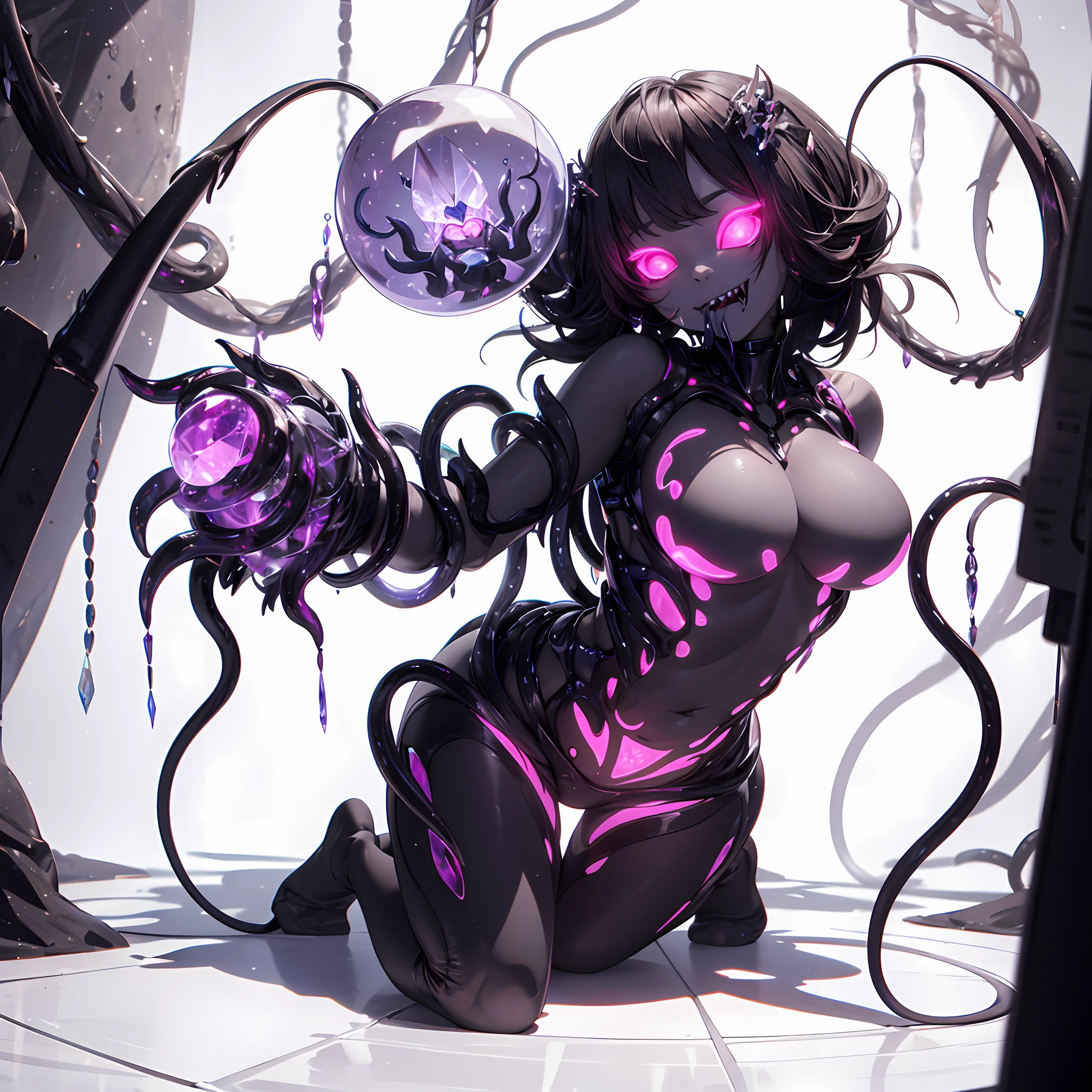 Humanoid clione.
Every part of the body lights up.
Translucent body.
feminine body type.
There is a core that emits light in the chest. It has tentacles. It has two mouths, a feminine lip and a monstrous mouth with splintered fangs. There are no eyes on the head, but there is a crystal that emits light.