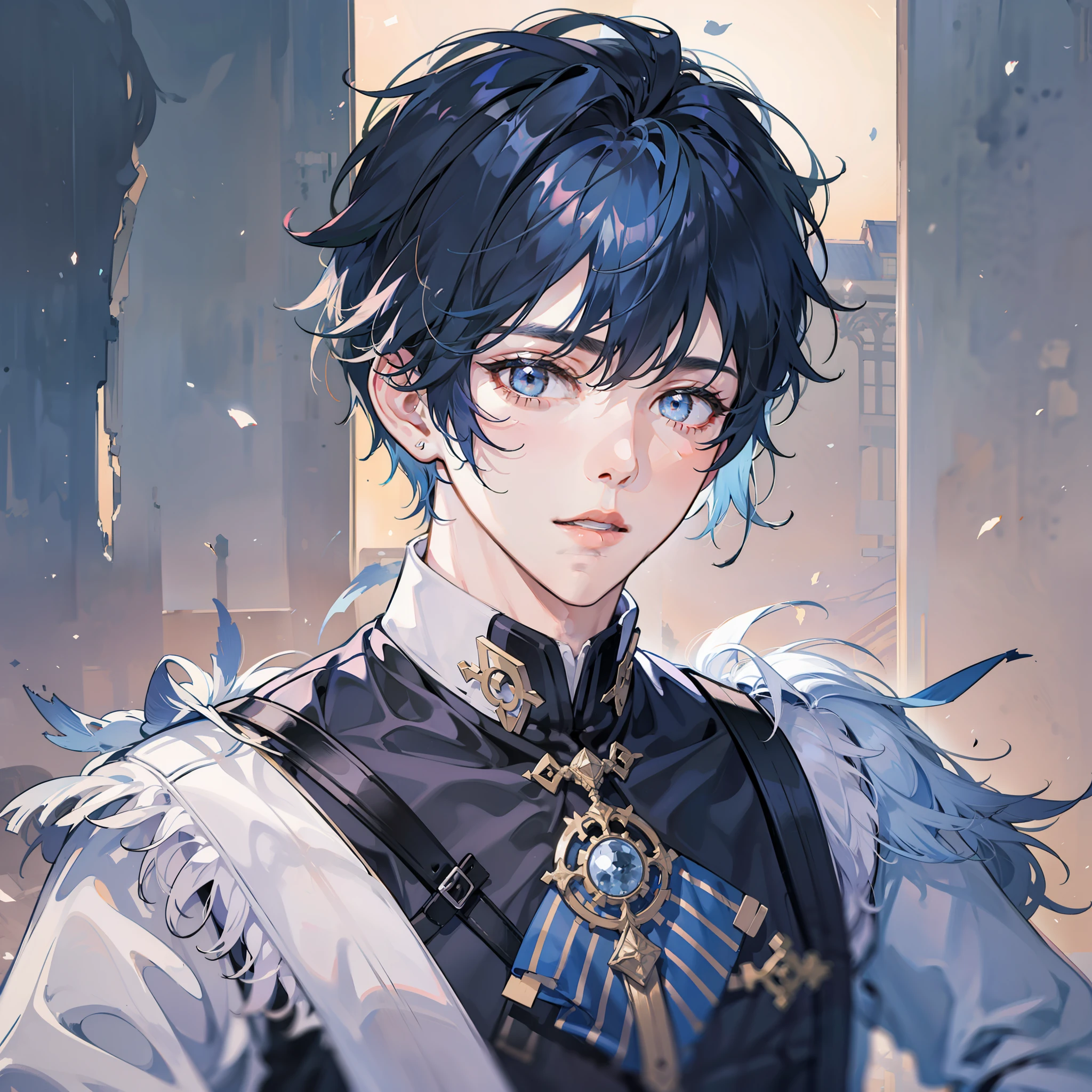 tmasterpiece，High- sharpness，shoun，male people，short detailed hair，Asymmetrical bangs，Blue hair is fluffy，Handsome，vibrancy，Broken background，White color blouse