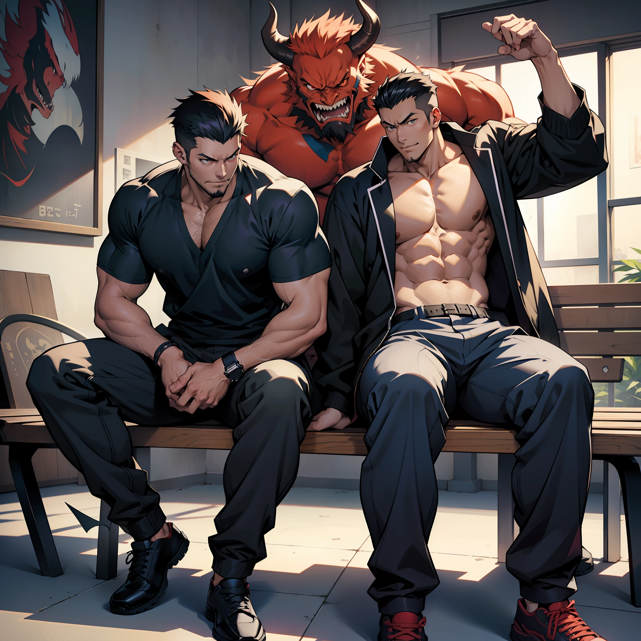 Anime people without shirts sit on benches in the room, Handsome anime pose，big laughter, handsome guy in demon killer art, Anime handsome man, by Yang J, Badass anime 8 K, male anime character, of a guy，Range Murata and Artgerm, male art, yasuke 5 0 0 px models, most strongest pose, handsome japanese demon boy, trending on artstation pixiv