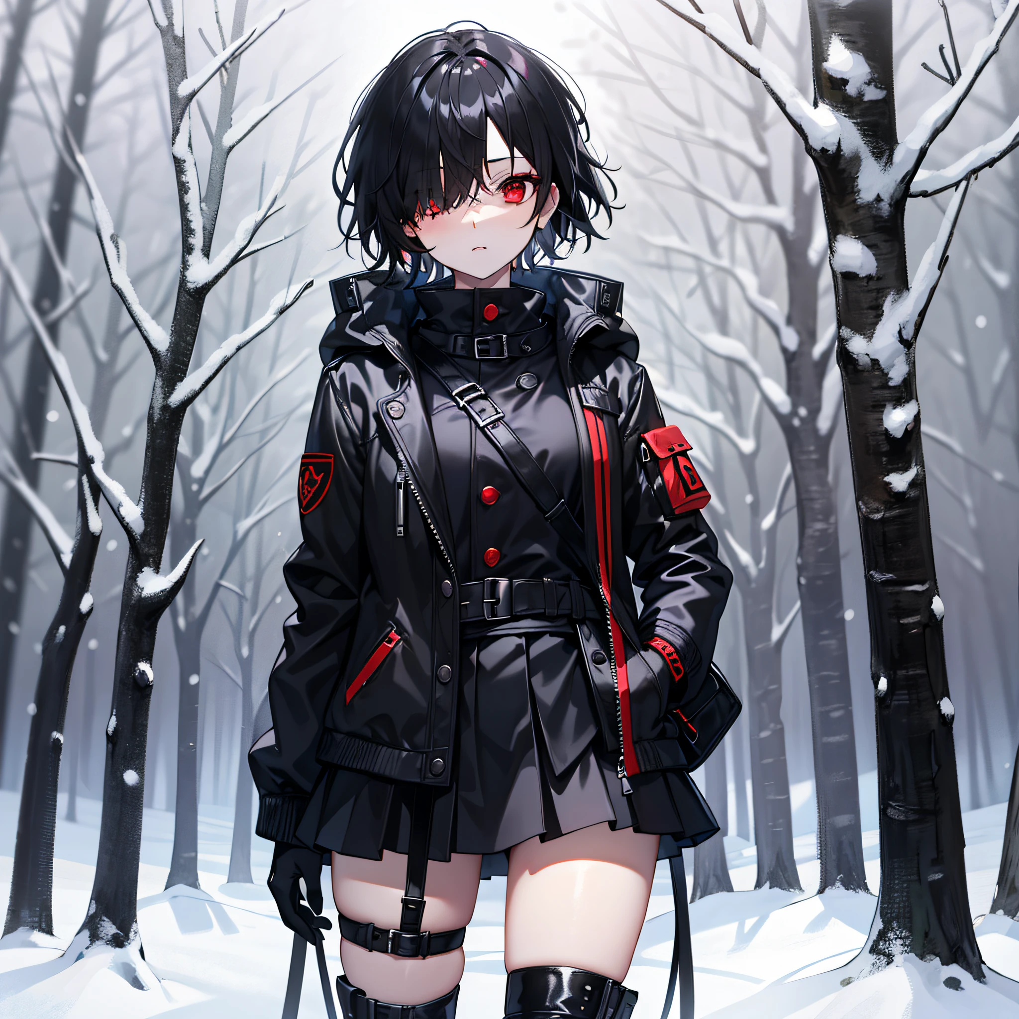 Red eyes, black color hair, Black boots, short detailed hair, black thighhigns, hair on one eye, black black jacket, Black thigh strap, black sash, Perfect female body,nigth,black short skirt,ln the forest,at winter season,Nudy