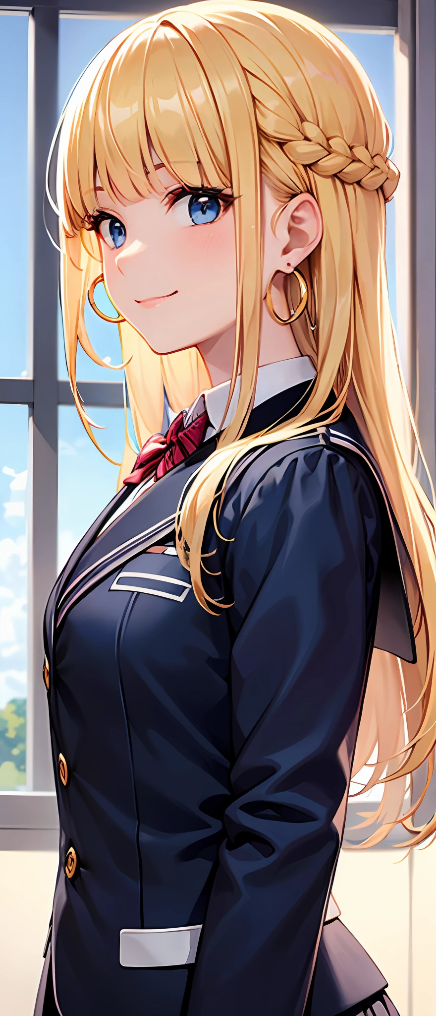 best quality,masterpiece,shiny blonde,blue eyes,school uniform, look down on, upper body,hair strand,Fair skin,french braid,smile,blunt bangs,hoop earrings,gladient hair,left sideburn is longer than right one,front view of the body,navy blue blazer