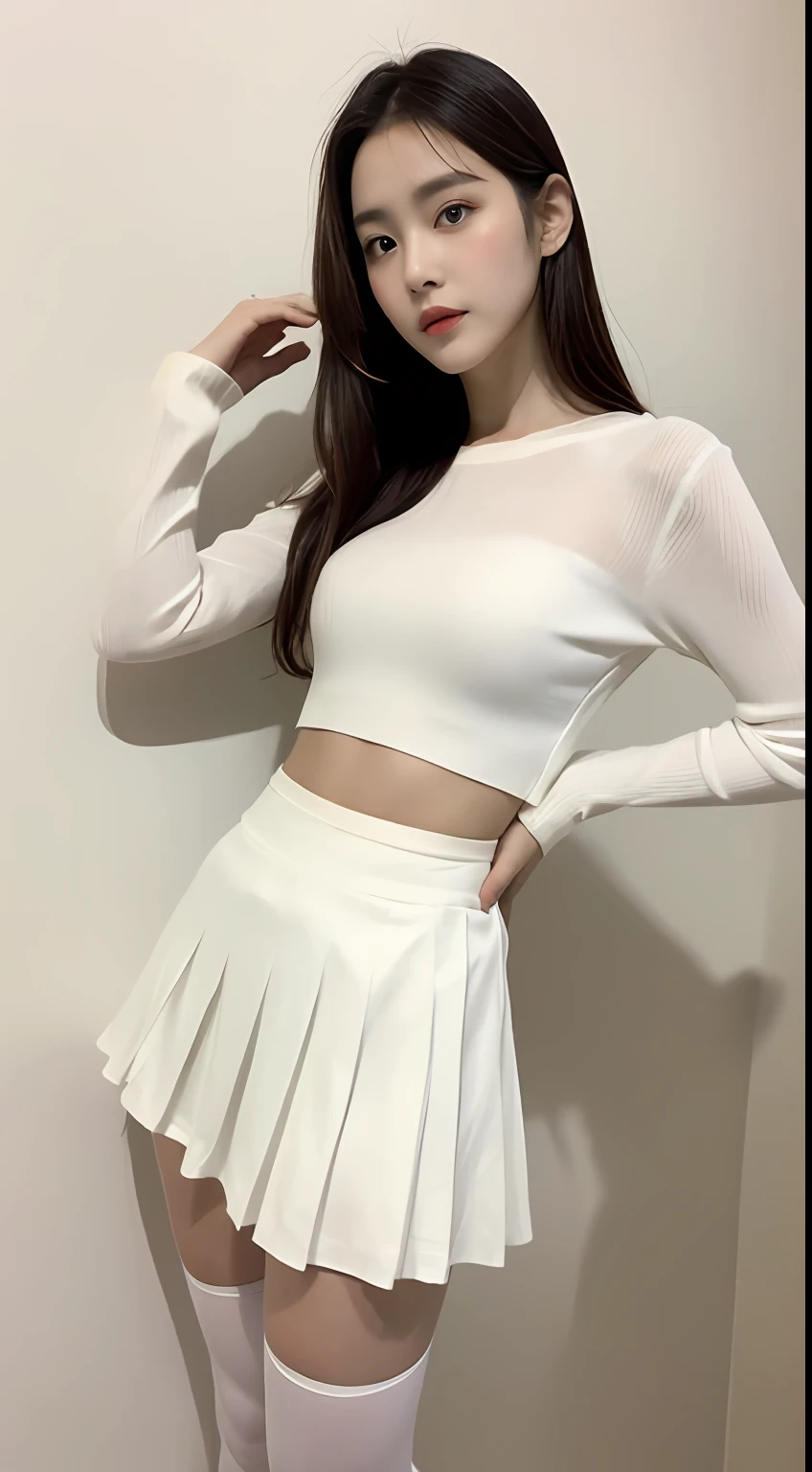 Highest HD picture quality,tmasterpiece,hyper realisitc,Authentic texture,A girl,Pose for photos in white shirts and skirts, white silky outfit, white apparel, wearing white skirt, thighhighs and skirt, White clothes, Wearing white tights, White skirt, white trendy clothes, white puffy outfit, smooth white tight clothes suit, White tights, trendy white clothing, wearing white clothes, wearing skirt and high socks, The white costume is exquisite and the facial features are wonderful,fashion hair,ellegance,Sideways portrait,facial closeups,Dynamic angle
Model: Style model(Wlop style)