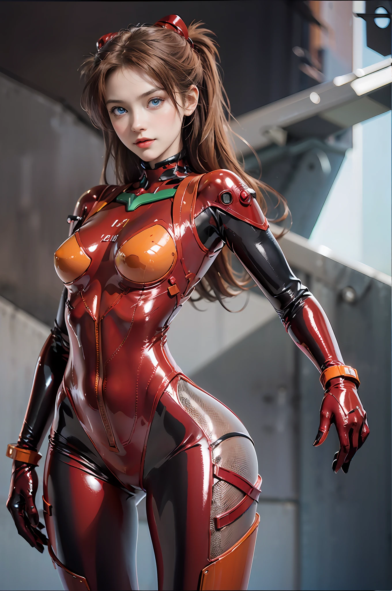 masterpiece, 8k, 3D, realistic, ultra-fine photography, highest quality, official art, real realism, sunlight, bright colors, sunlight, theater lighting, ((((1 female)))),25 years old, tall, small face, perfect proportions, ((full body: 1.2)), (from below: 1.1), (full-body composition standing on a battleship deck at sea in realistic and detail), pose with arms crossed, standing, open legs, ((( Sorya Ska Langley, Souryaska Langley, Plug Suit 02:1.0)), ((Blue Eyes, Beautiful Face, Beautiful Eyes))), Clean Face, Wet Eyes, Glowing Eyes, Detail Face, Detail Lips, Detail Eyes, Thin Sharp Pale Eyebrows, Long Eyelashes, Long Lower Eyelashes, Double Eyelids, Sullen Look, Realistic Skin Texture, Visible Pores, Seductive Smile, Gentle Look, Fleeting Look, Thin and muscular, high-leg swimsuit: 0.9, thin and muscular, (dark red rubber suit with strong metallic luster and smooth surface), (sexy tight metallic shiny dark red latex suit), dark red bodysuit shining like a mirror, beautiful feminine hands in red tight latex gloves, ( Metallic Shiny Black Tie Latex), strong metallic on the inside of the arms, ((Precision circular large connection terminals of metallic and silver under chest: 1.3)), Precise circle shoulder metallic and silver large connection terminals: 1.1, Two simple black wide latex from thigh to buttocks, dynamic and realistic sea background: 1.2, dynamic and realistic clear sky, strong sunlight: 1.1, loneliness, blush, shyness, TO8 contrast style, (glossy), delicate clothing wrinkles, beautiful light brown hair, DSLR, Fujifilm XT3, sharp focus: 1.0, maximum clarity and sharpness, accurate simulation of the interaction of light and matter,