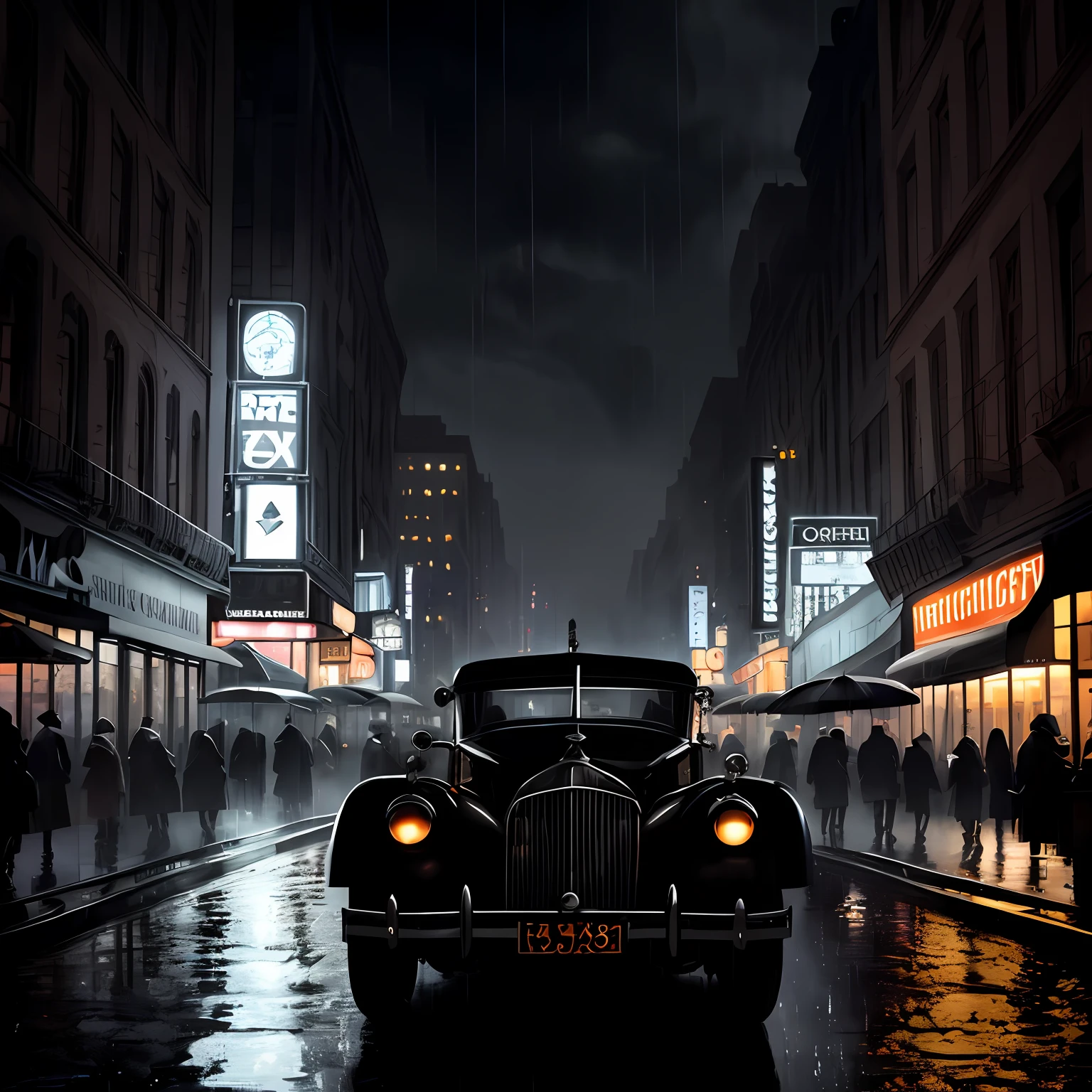 (masterpiece, best quality: 1.2), ultra-detailed face, (soft colors: 1.2, dark studio, rim lighting, two-tone lighting, dim light, low tone, ), ((heavy rain weather)), cover of long leather rain, a poster for a 1930s \(style\), detective film noir,(atmosphere noir:1), dark atmosphere, city night street, emphasis on color noir, New York in the 1930s and detective in office, desk with papers, trending on ArtStation, trending on CGSociety, Intricate, High Detail, dramatic and photorealistic painting art by midjourney and greg rutkowski,, two young men