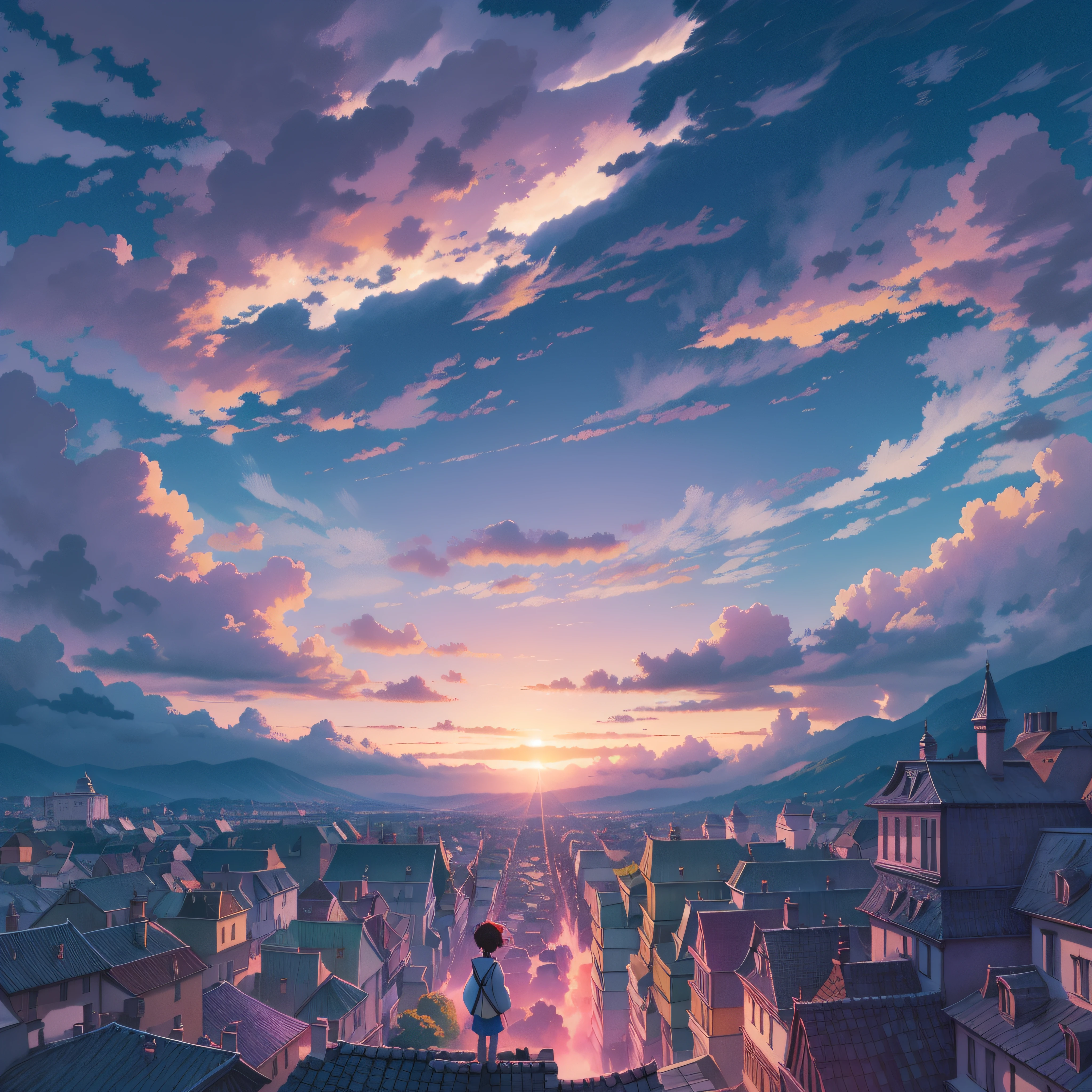 animesque、Skyscape with clouds、Purple sunset sky、Deities々Shikai、mont、You can see the touch of the brush、no human figures、Studio Ghibli、Ghibli、Scenery、Style、The light is sparkling、sky line