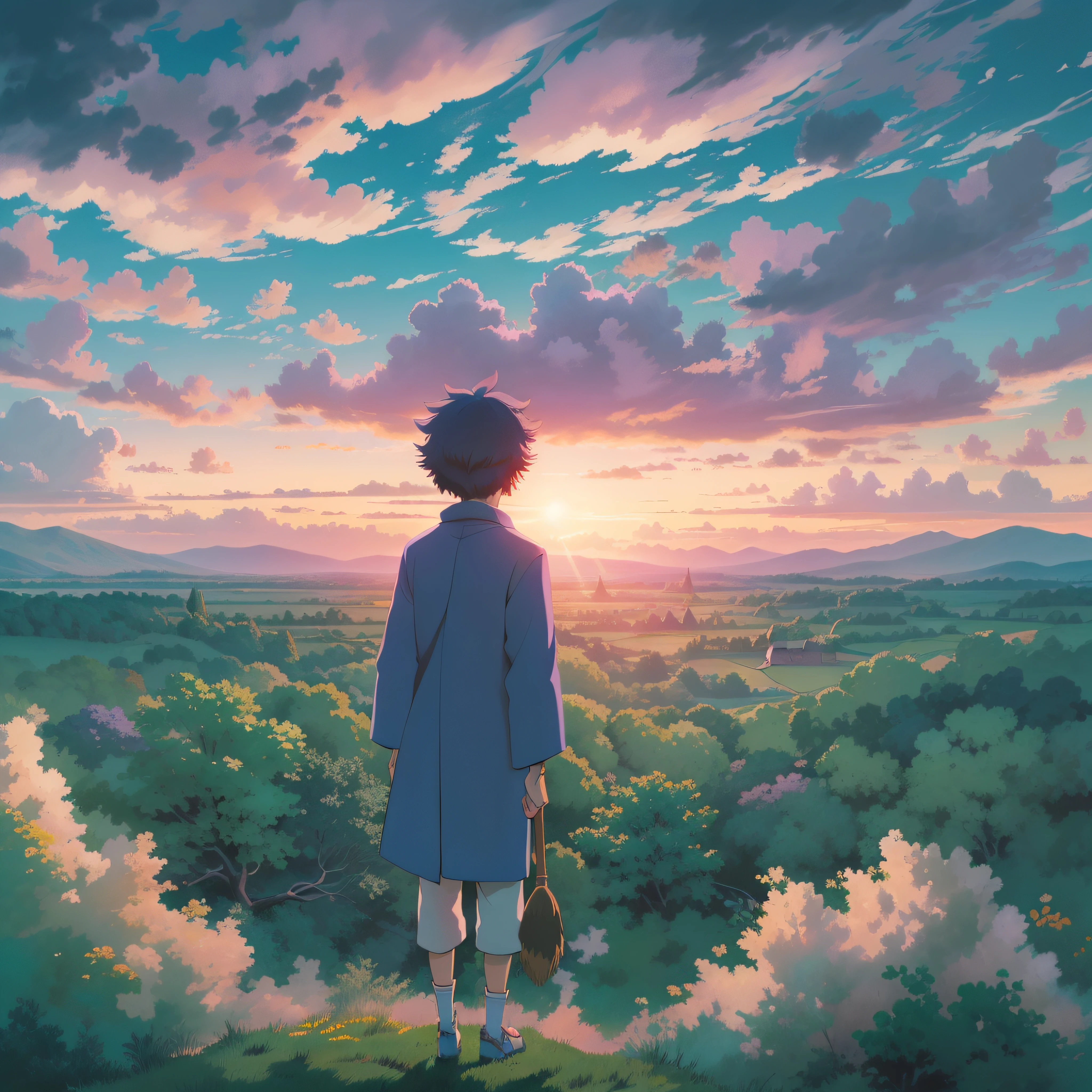 animesque、Skyscape with clouds、Purple sunset sky、Deities々Shikai、mont、You can see the touch of the brush、no human figures、Studio Ghibli、Ghibli、Scenery、Style、The light is sparkling、sky line