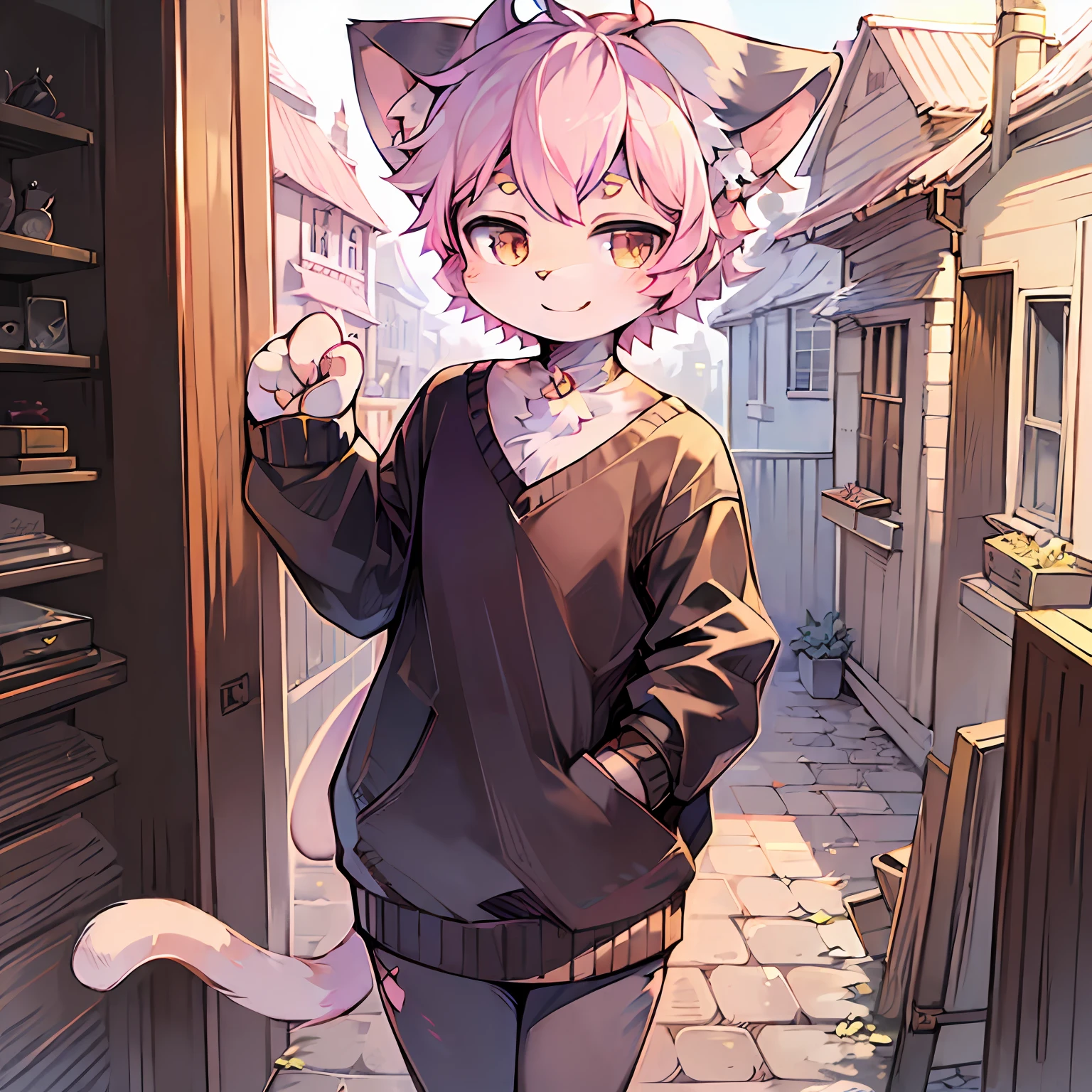 ((Solo)), charming scene of a (furry anthro) (cat ear_Girl:1.5),(In pink_Wind stood aside and smiled