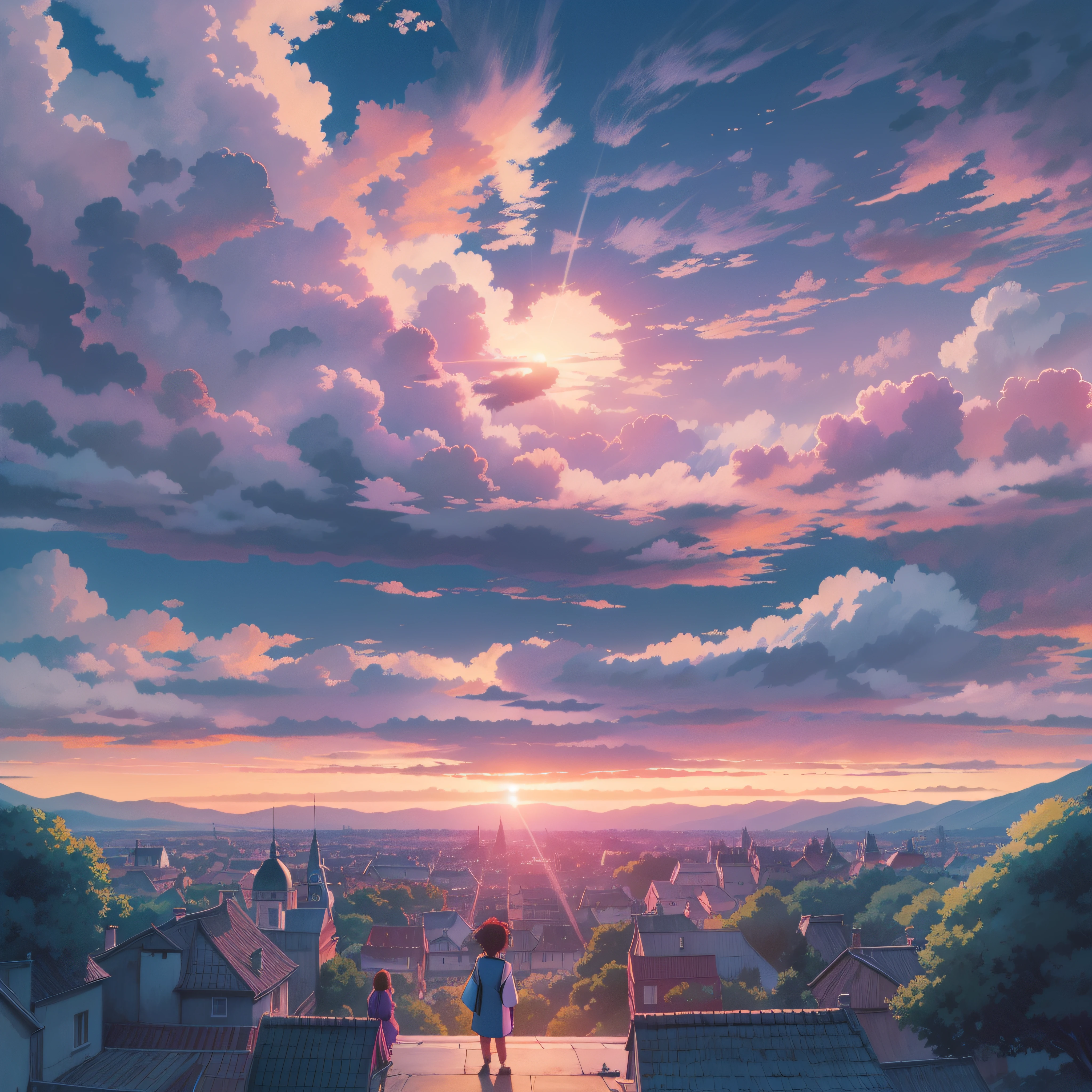 animesque、Skyscape with clouds、Purple sunset sky、Deities々Shikai、mont、You can see the touch of the brush、no human figures、Studio Ghibli、Ghibli、Scenery、Style、The light is sparkling、sky line
