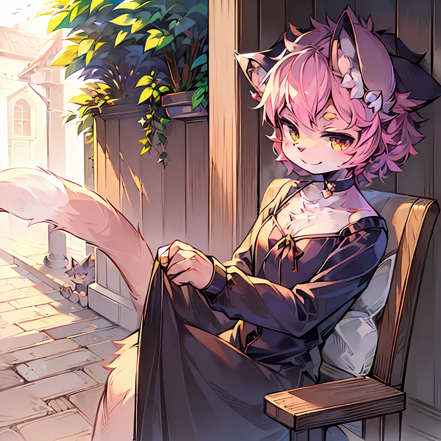 ((Solo)), charming scene of a (furry anthro) (cat ear_Girl:1.5),(In pink_Wind stood aside and smiled