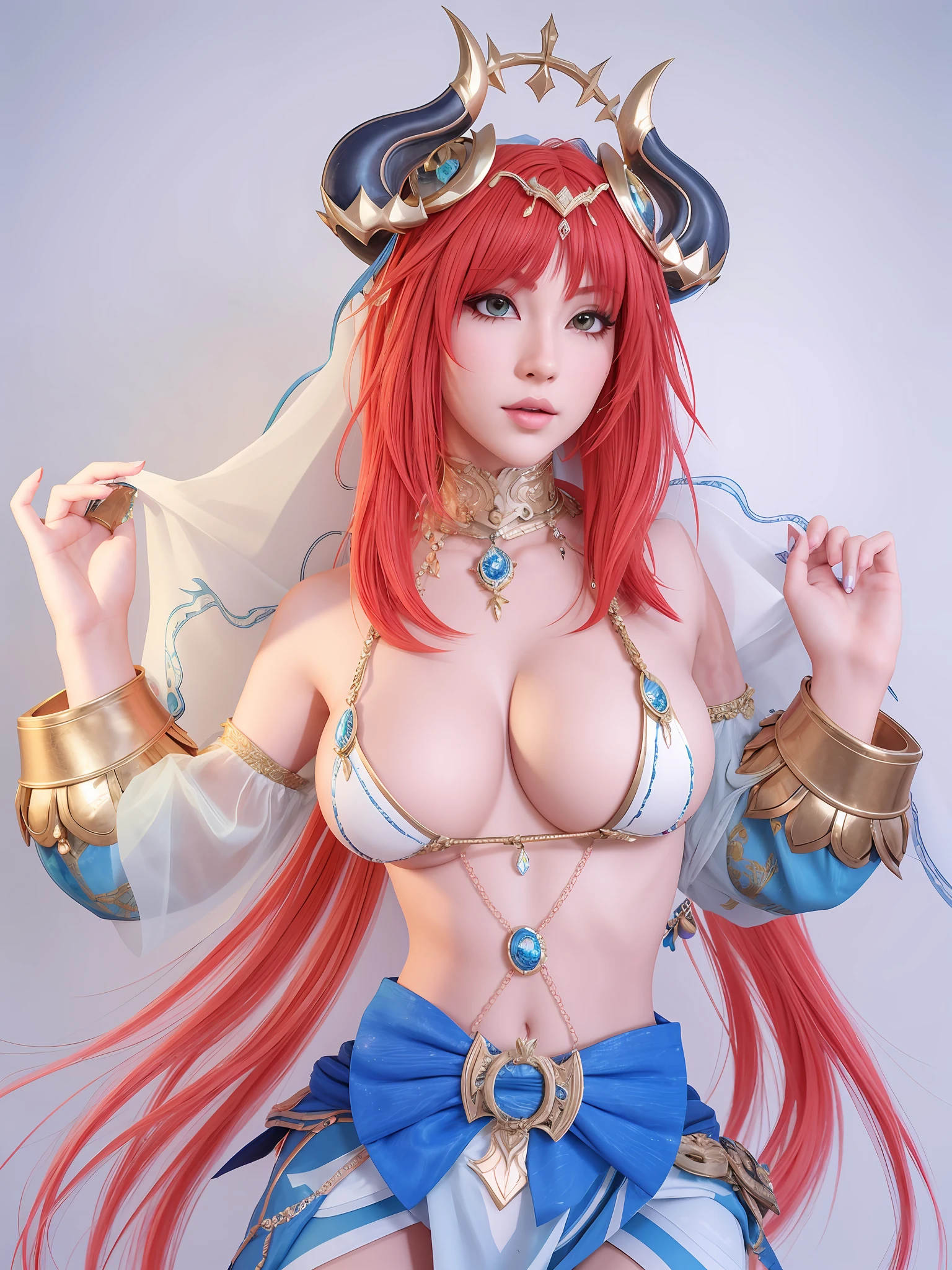 Arafed Mujer con cabello rojo y un atuendo azul posando, cosplay adornado, Diosa del anime, Samira de League of Legends, 8k octae render foto, cosplay, a beautiful empress of fantasy, Ne zha de Smite, Anime Girl Cosplay, Anime de cosplay, Hermosa hechicera, Nami de One Piece, Diosa japonesa, 3D render character art 8 k