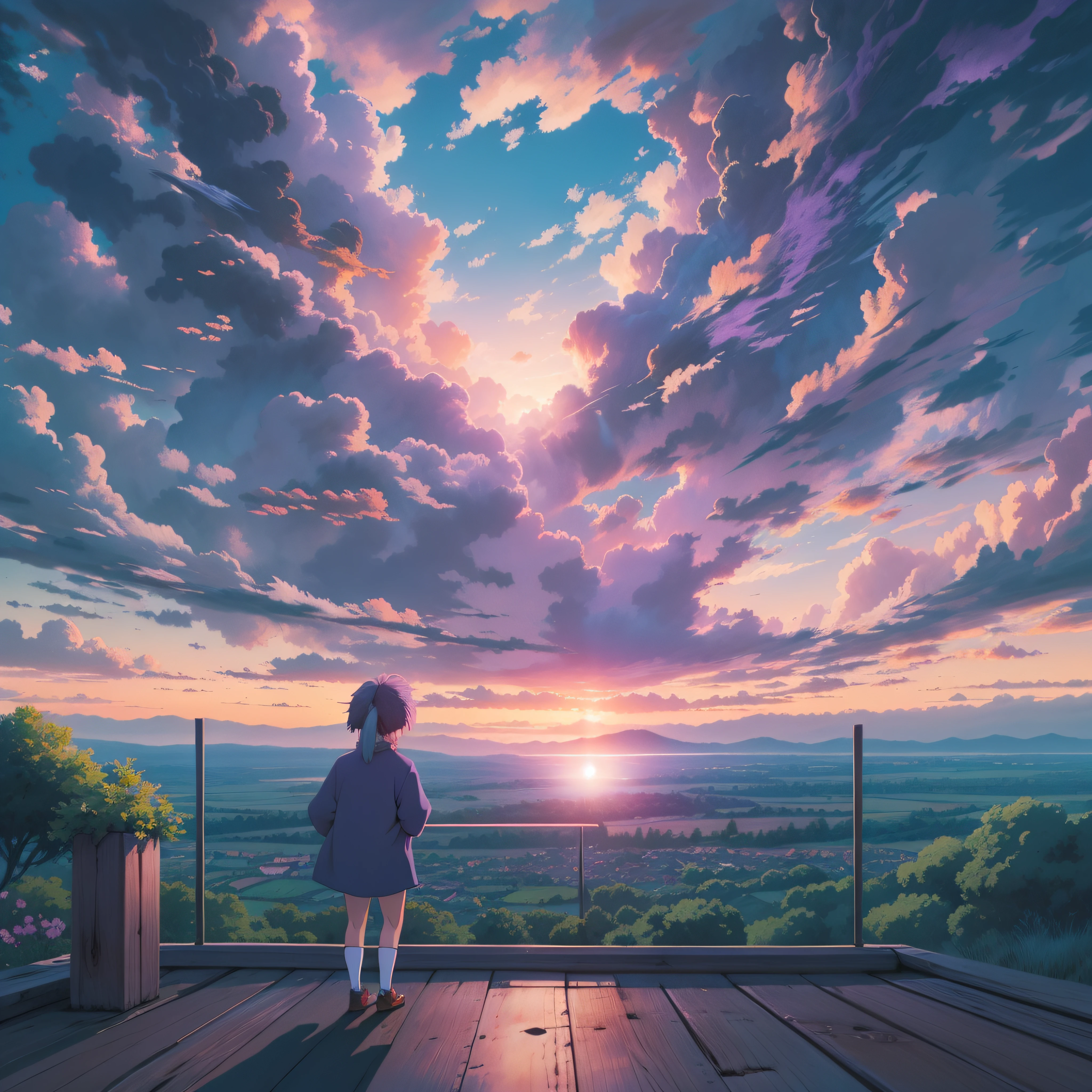 animesque、Skyscape with clouds、Purple sunset sky、Deities々Shikai、mont、You can see the touch of the brush、no human figures、Studio Ghibli、Ghibli、Scenery、Style、The light is sparkling、sky line