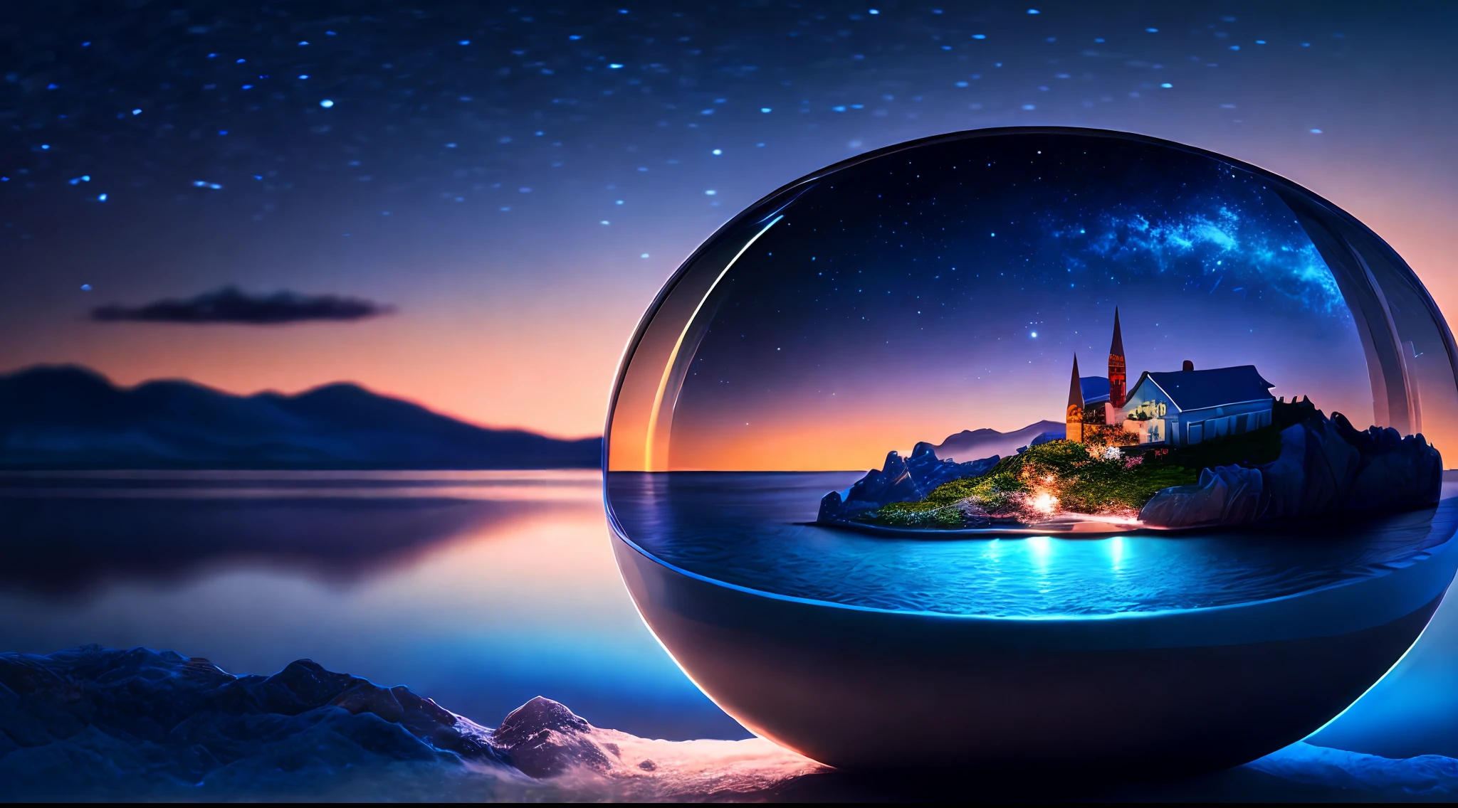 a small city sitting in an island in a ceramic bowl full of water| beautiful night sky | photo manipulation| beautiful composition,8k,hdr