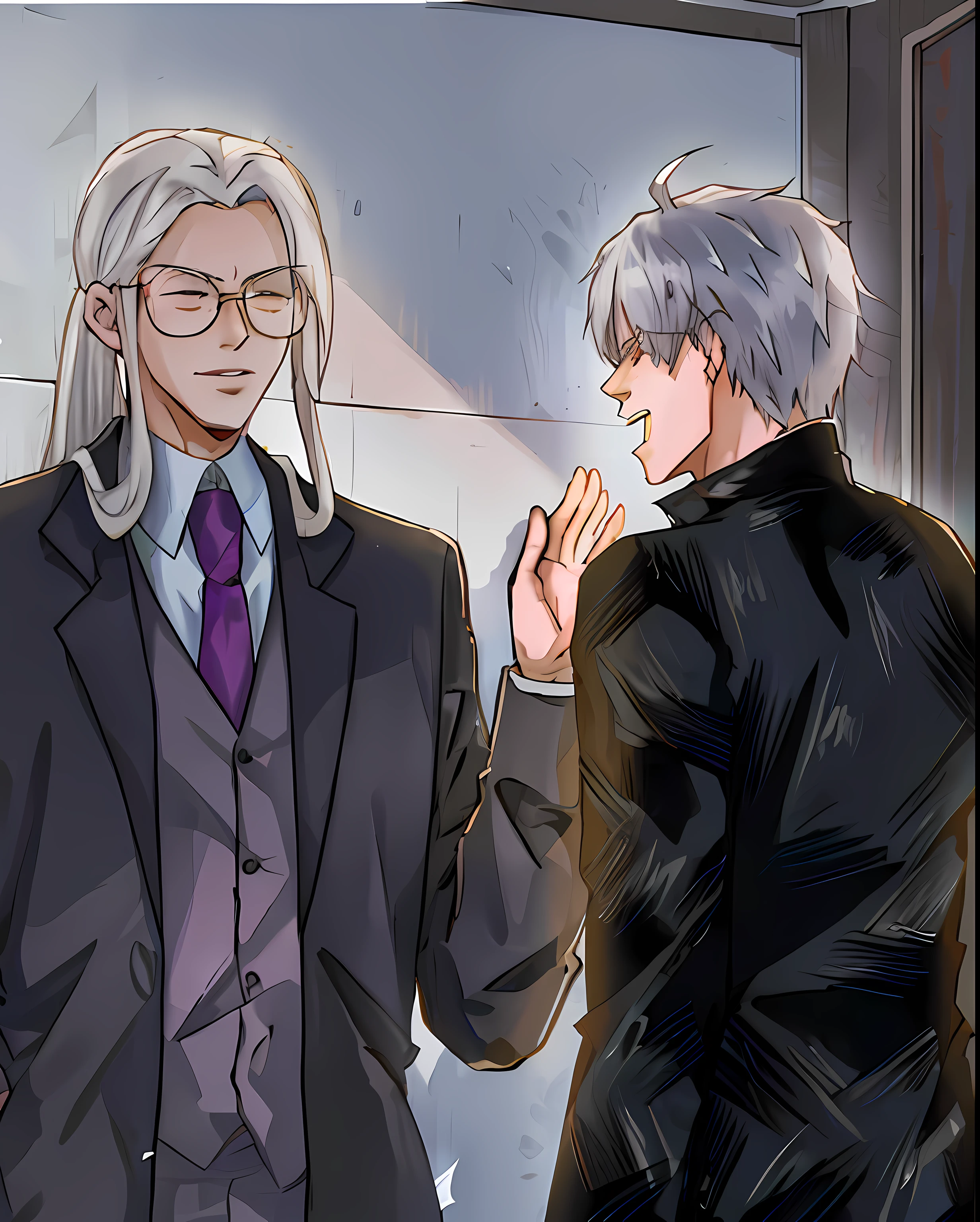 Anime image of a man in a suit and tie talking to another man, he has dark grey hairs, two anime handsome men, sakimichan and frank franzzeta, ginko showing a new mushi, whaite hair, silber hair, Vicious appearance, nixeu and sakimichan, a silver haired mad, Moe Bius and Erpingtun