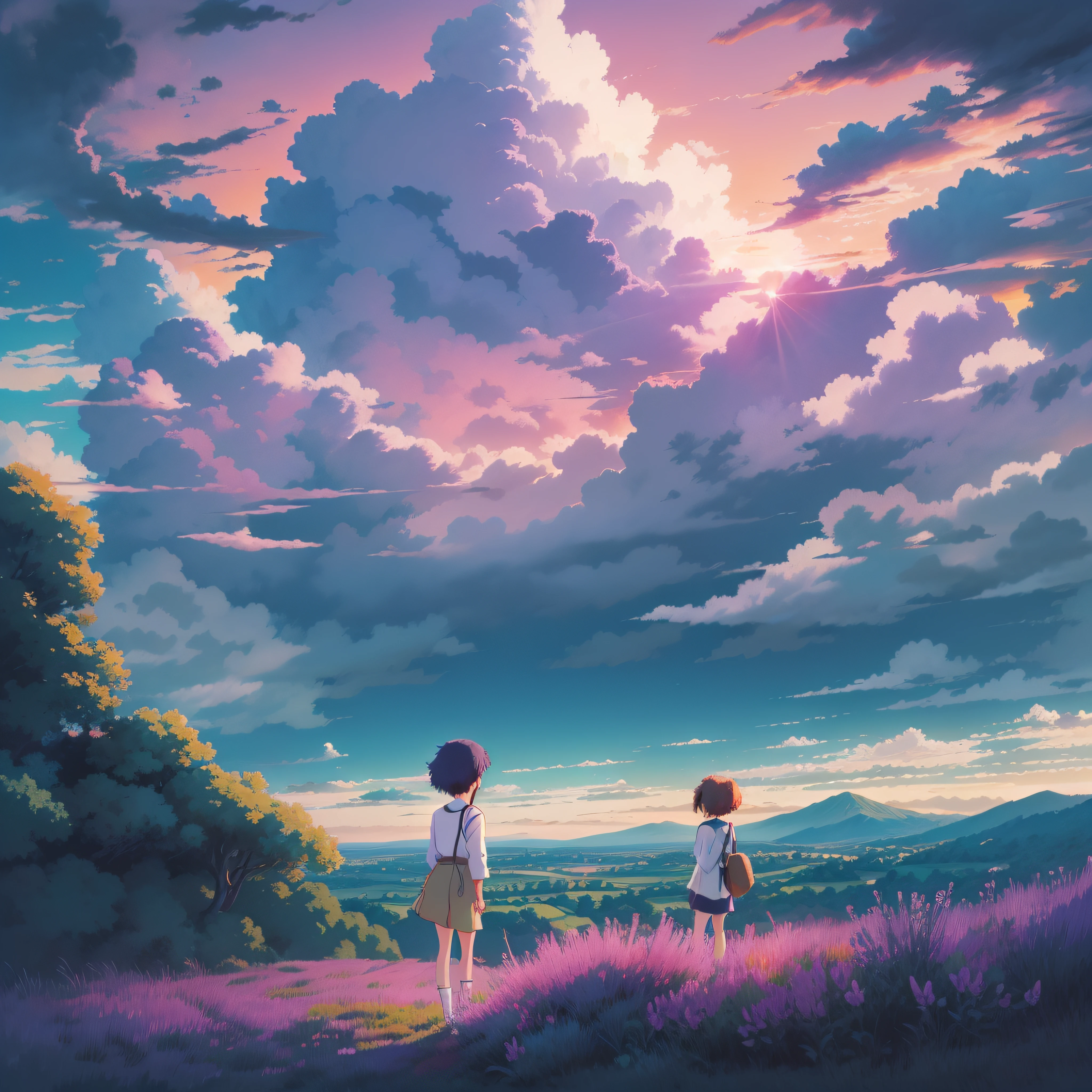 animesque、Skyscape with clouds、Purple sunset sky、Deities々Shikai、mont、You can see the touch of the brush、no human figures、Studio Ghibli、Ghibli、Scenery、Style、The light is sparkling、sky line