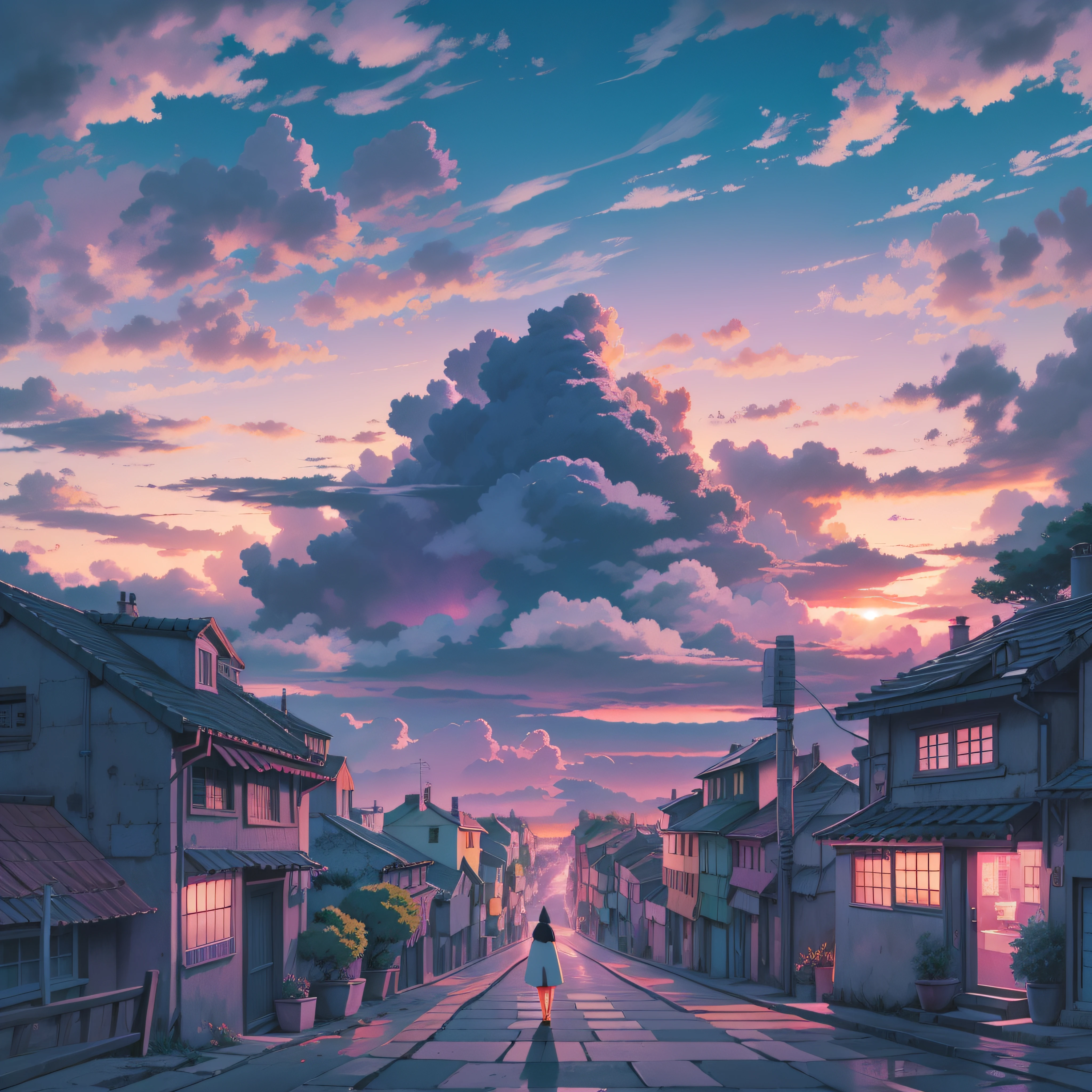 animesque、Skyscape with clouds、Purple sunset sky、Deities々Shikai、mont、You can see the touch of the brush、no human figures、Studio Ghibli、Ghibli、Scenery、Style、The light is sparkling、sky line