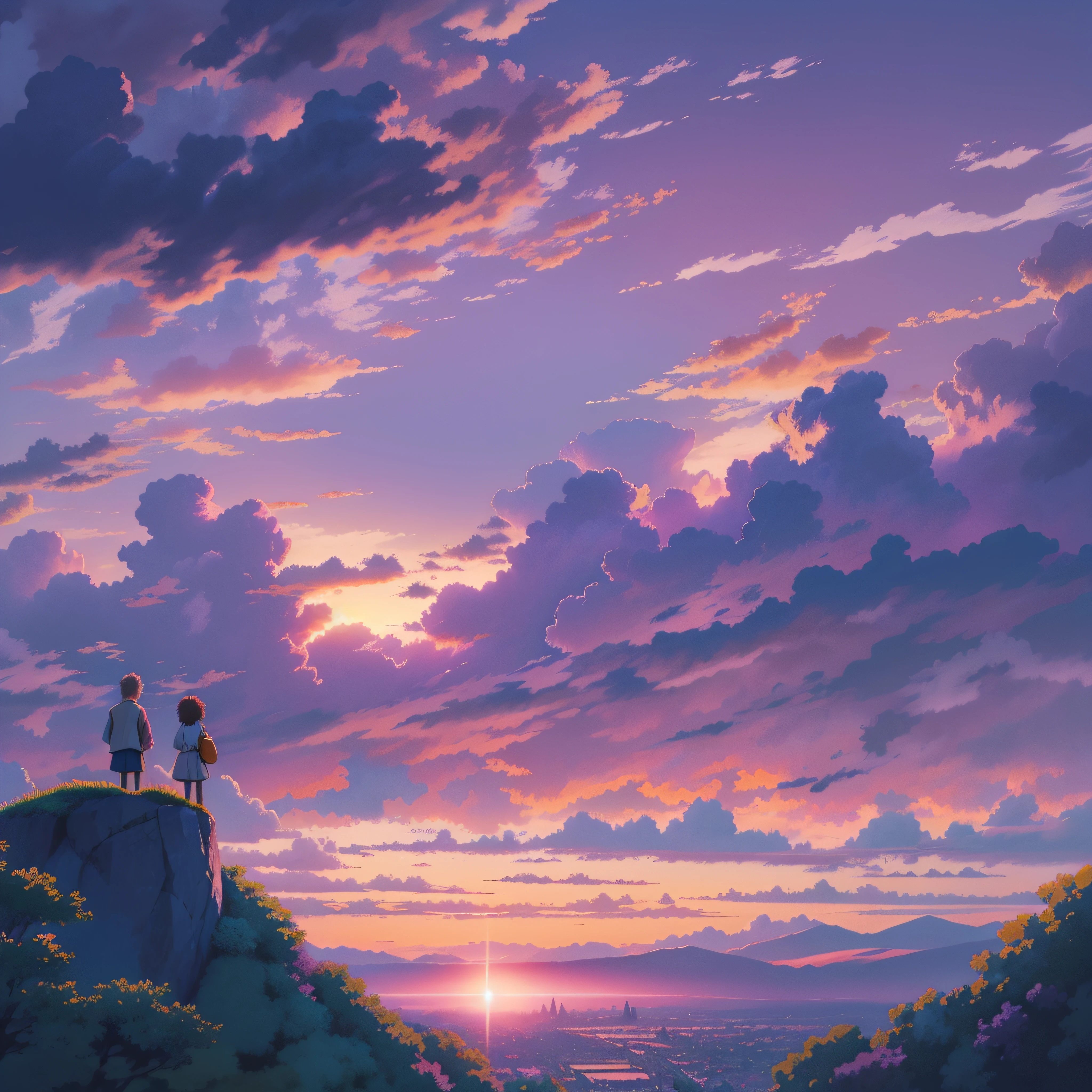 animesque、Skyscape with clouds、Purple sunset sky、Deities々Shikai、mont、You can see the touch of the brush、no human figures、Studio Ghibli、Ghibli、Scenery、Style、The light is sparkling、sky line