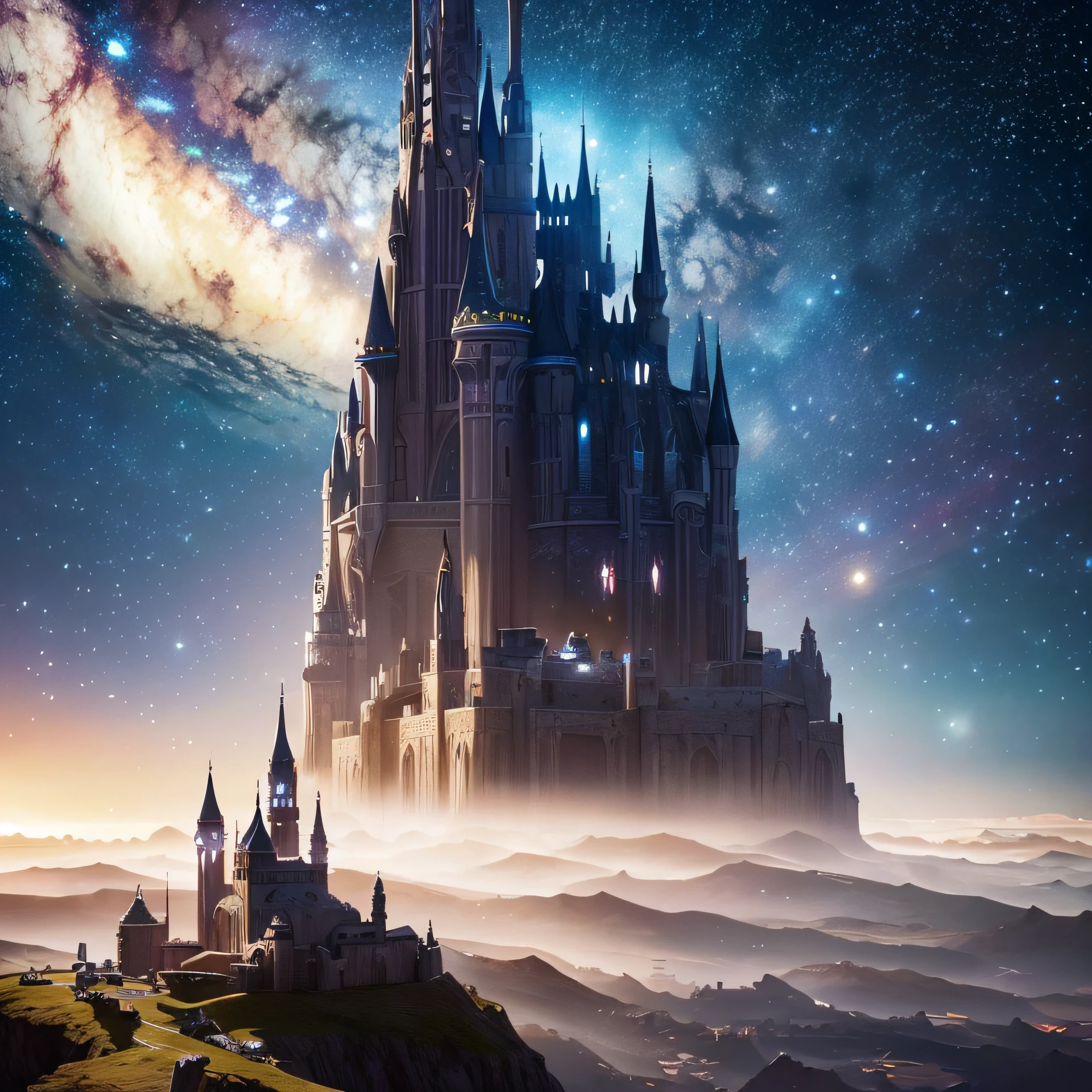 Starry sky with castles and planets in the distance, epic fantasy sci fi illustration, fantasy planet, arstation and beeple highly, Fantasy space, fantasy scifi, epic scifi fantasy art, epic dreamlike fantasy landscape, ethereal starlit city at sunset, impressive fantasy landscape, Sci-fi fantasy wallpaper, epic beautiful space scifi, Fantasy Sci-Fi - Fantasy --auto