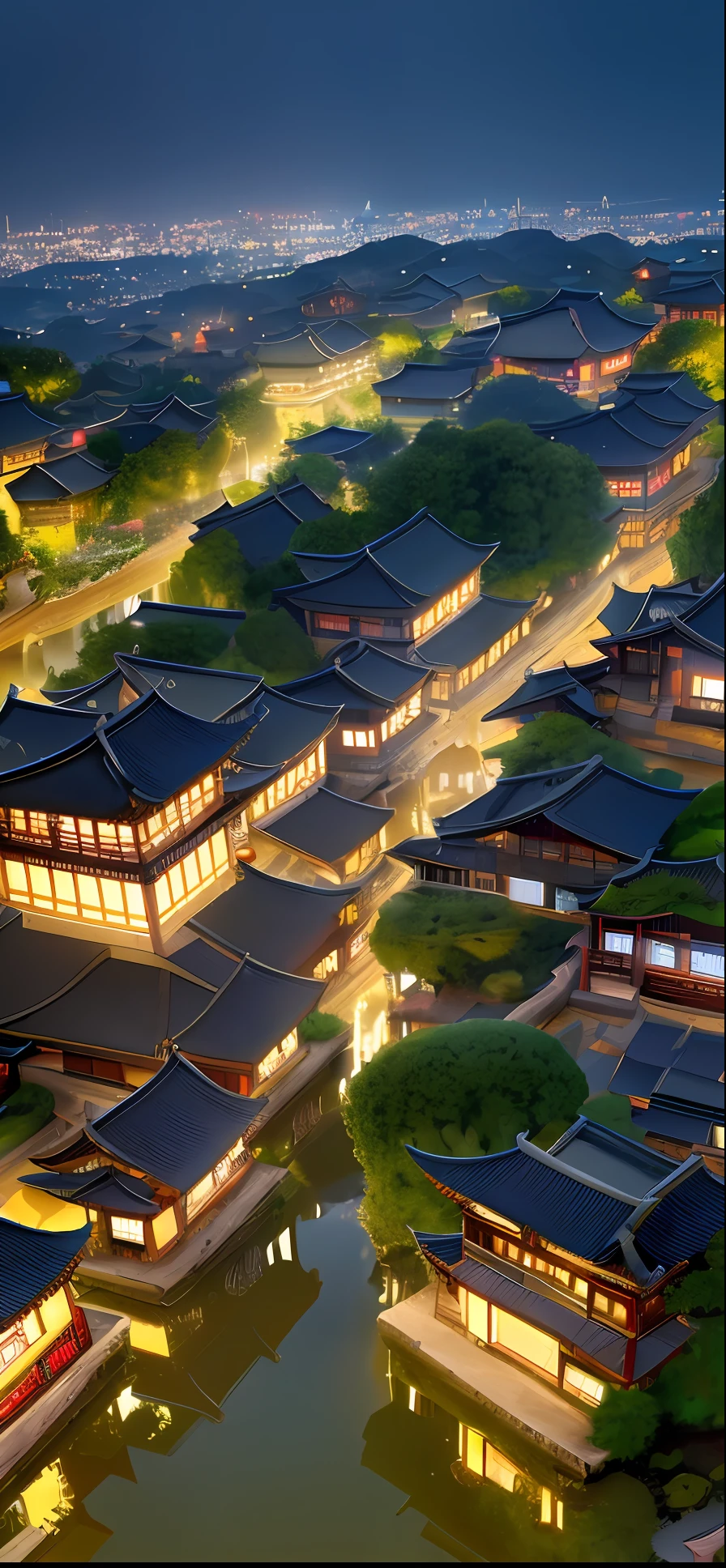 arafed view of a village with a lot of lights on the buildings, dreamy chinese town, chinese village, amazing wallpaper, japanese town, japanese village, hyper realistic photo of a town, old asian village, japanese city, by Raymond Han, rainy evening, cyberpunk chinese ancient castle, beautifully lit buildings, at evening during rain, beautiful and aesthetic, photography, cinematic, 8k, high detailed ((Heavy rain)))