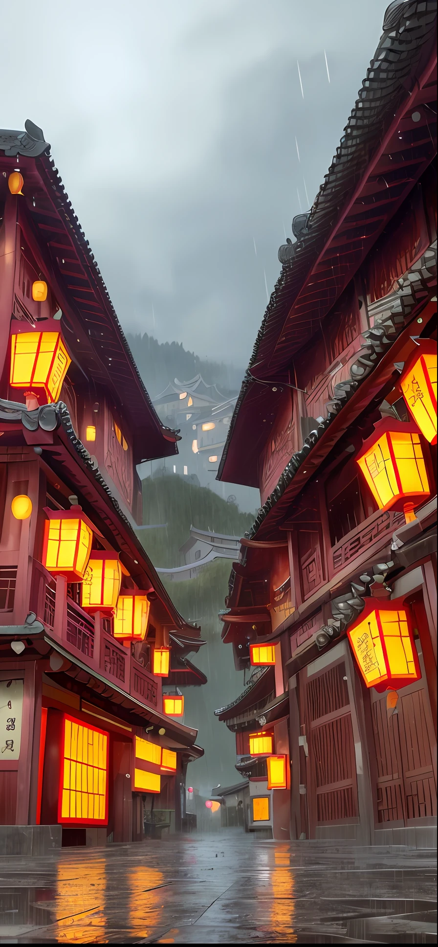 arafed view of a village with a lot of lights on the buildings, dreamy chinese town, chinese village, amazing wallpaper, japanese town, japanese village, hyper realistic photo of a town, old asian village, japanese city, by Raymond Han, rainy evening, cyberpunk chinese ancient castle, beautifully lit buildings, at evening during rain, beautiful and aesthetic, photography, cinematic, 8k, high detailed ((Heavy rain)))