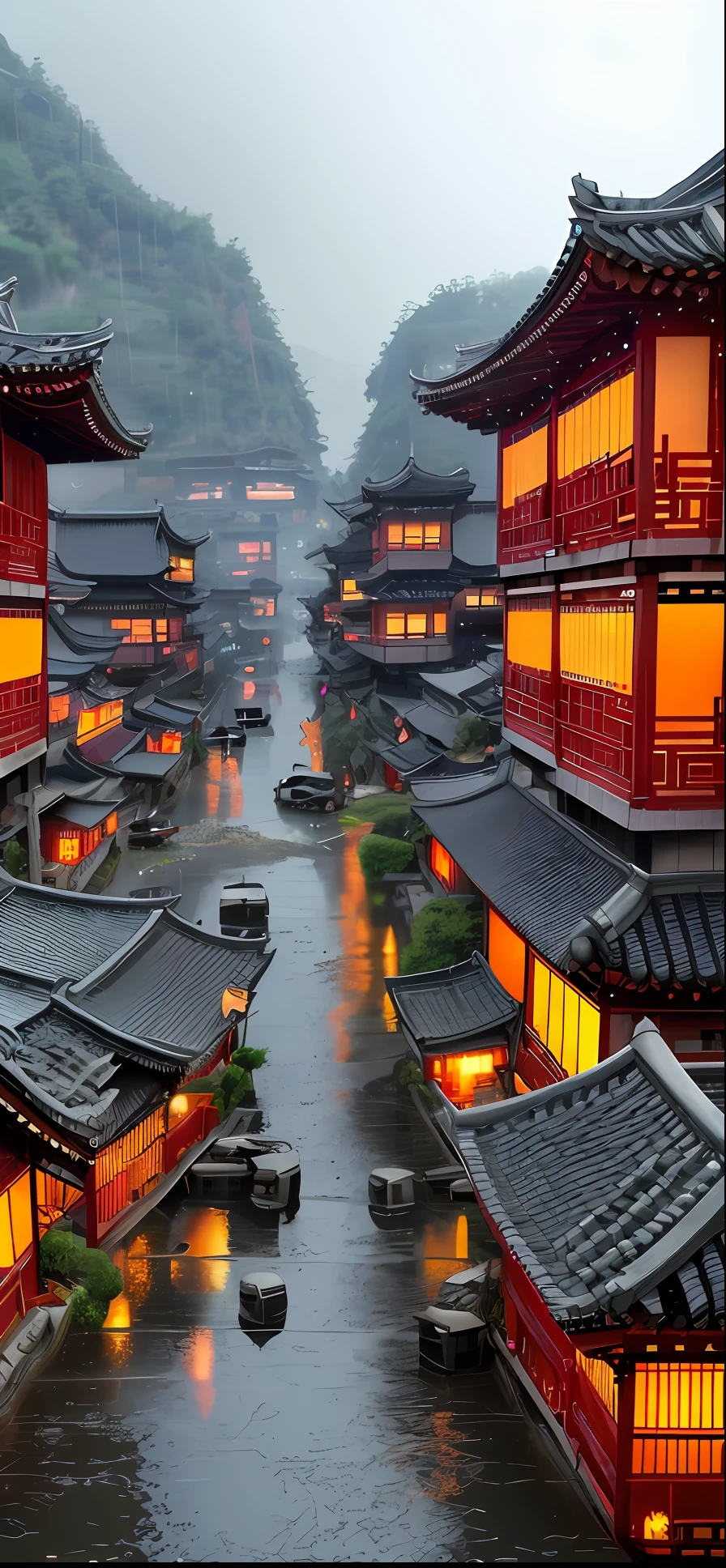 arafed view of a village with a lot of lights on the buildings, dreamy chinese town, chinese village, amazing wallpaper, japanese town, japanese village, hyper realistic photo of a town, old asian village, japanese city, by Raymond Han, rainy evening, cyberpunk chinese ancient castle, beautifully lit buildings, at evening during rain, beautiful and aesthetic, photography, cinematic, 8k, high detailed ((Heavy rain)))