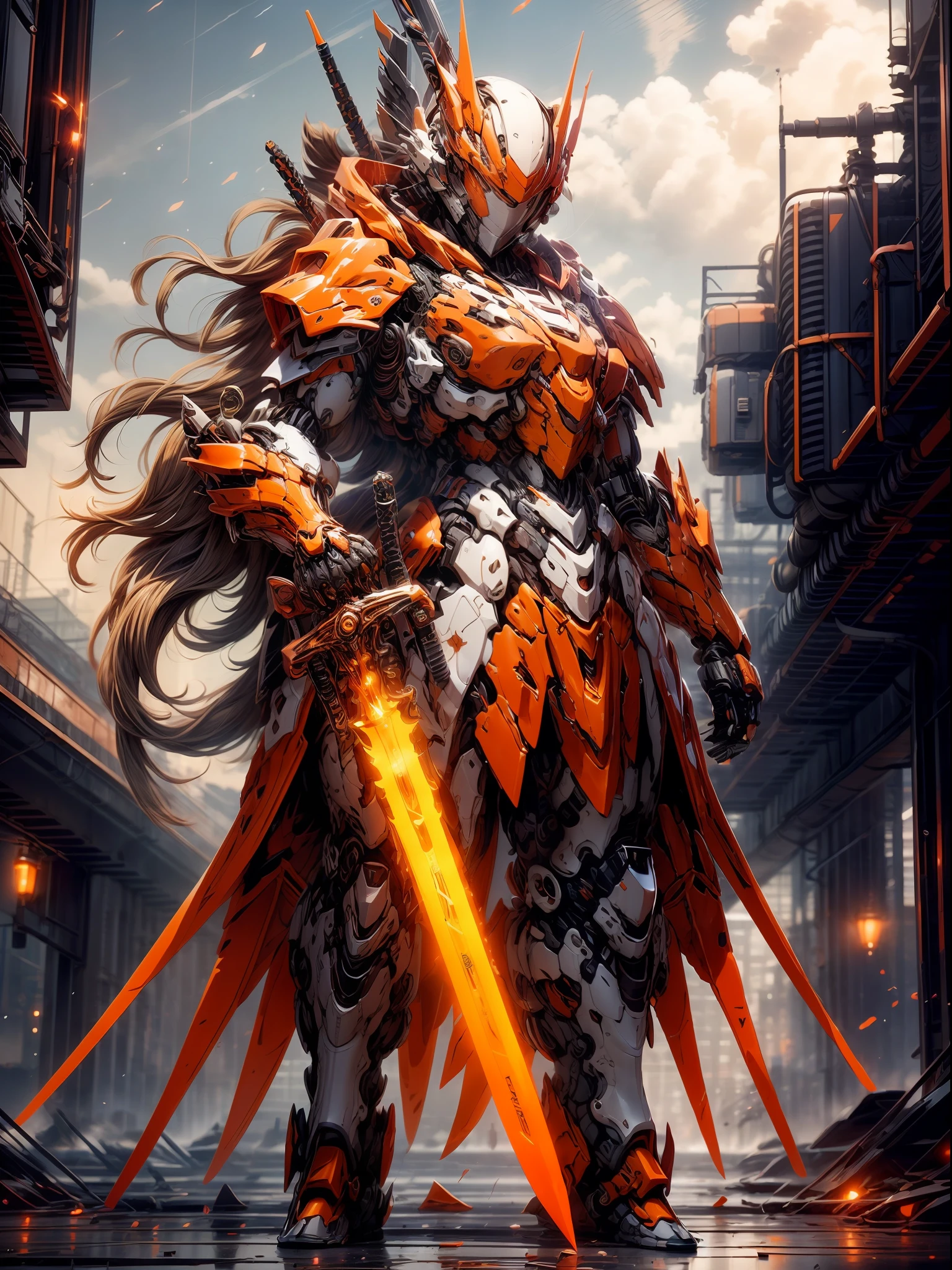 mecha_musume, 1girl, long_hair, science_fiction, weapon, sword, holding_sword, orange_eyes, solo, headgear, holding_weapon, mecha, standing, holding sword, sword in hand, sword hand,((Sword Hand)),upper body