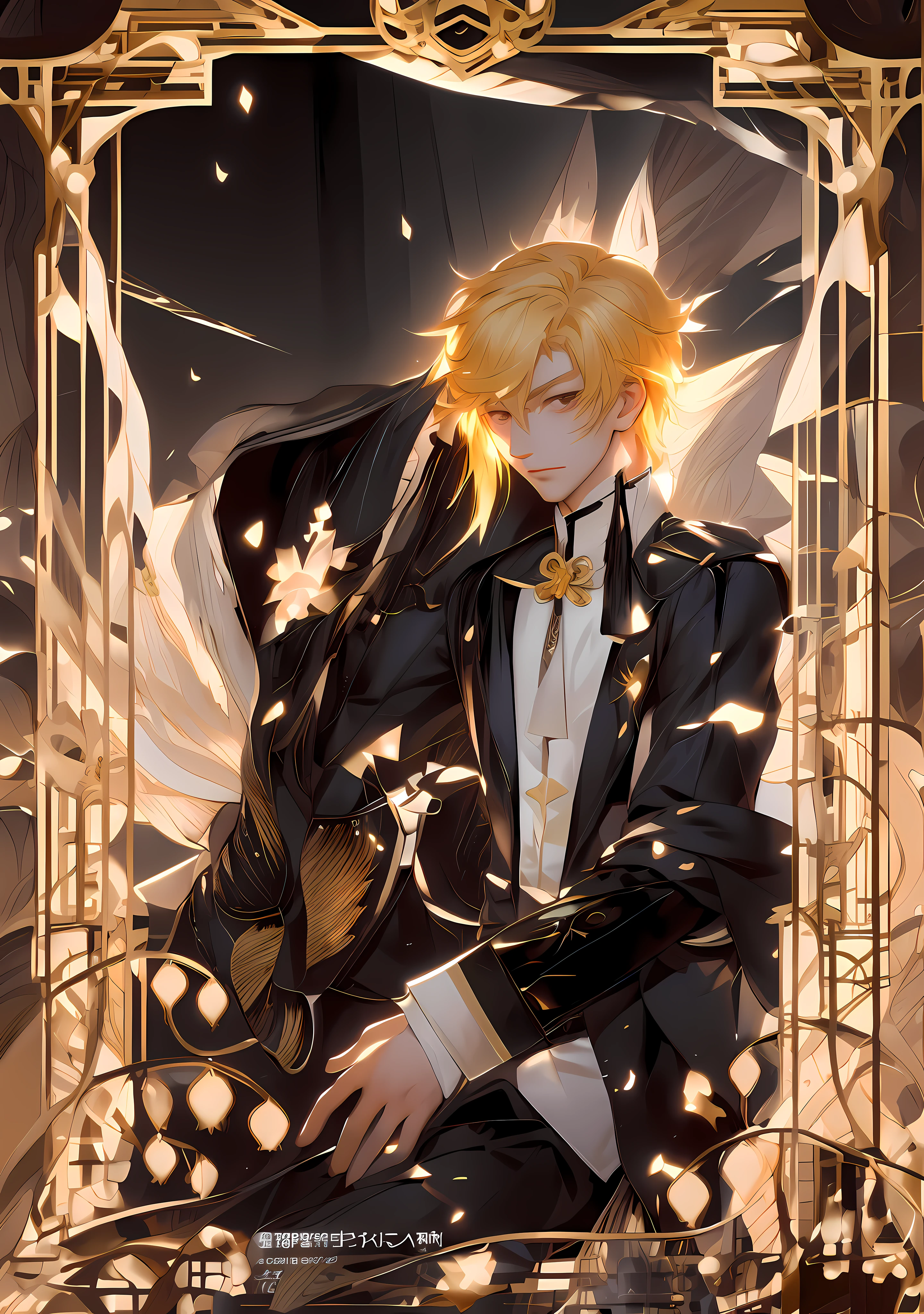 anime character with blonde hair and a black outfit sitting in a frame, zhongli from genshin impact, by Yang J, genshin, portrait of magical blond prince, zerochan art, beautiful androgynous prince, trending on artstation pixiv, key anime art, by Shitao, genshin impact character,masterpiece, best quality, (extremely detailed CG unity 8k wallpaper), (best quality), (best illustration), (best shadow), absurdres, realistic lighting, (Abyss), beautiful detailed glow,masterpiece, best quality, (extremely detailed CG unity 8k wallpaper), (best quality), (best illustration), (best shadow), absurdres, realistic lighting, (Abyss), beautiful detailed glow