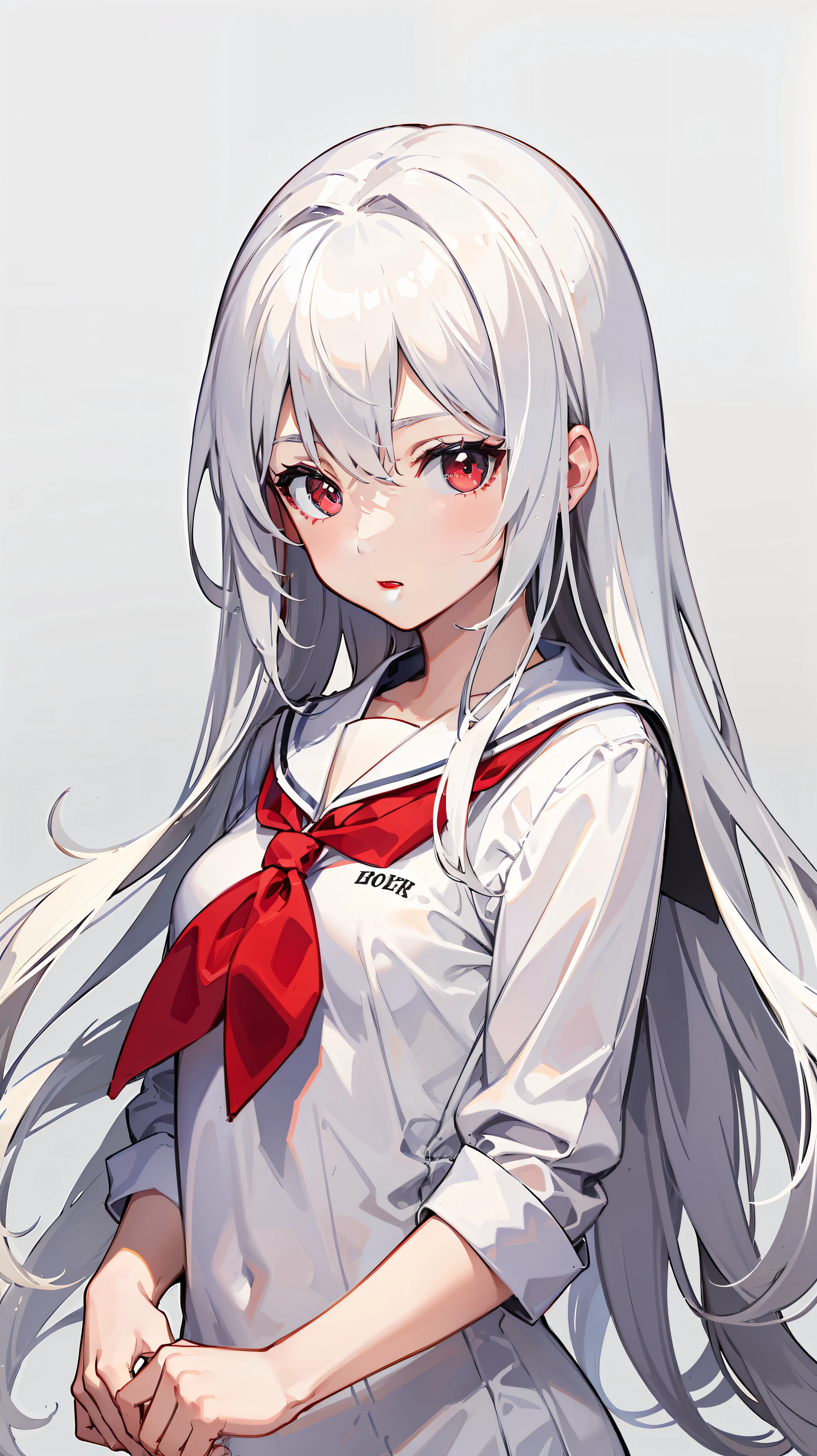 white long straight hair，red color eyes，Two-dimensional painting style，Cute girl，The upper part of the body，White sailor suit，white skinned，Need，tmasterpiece