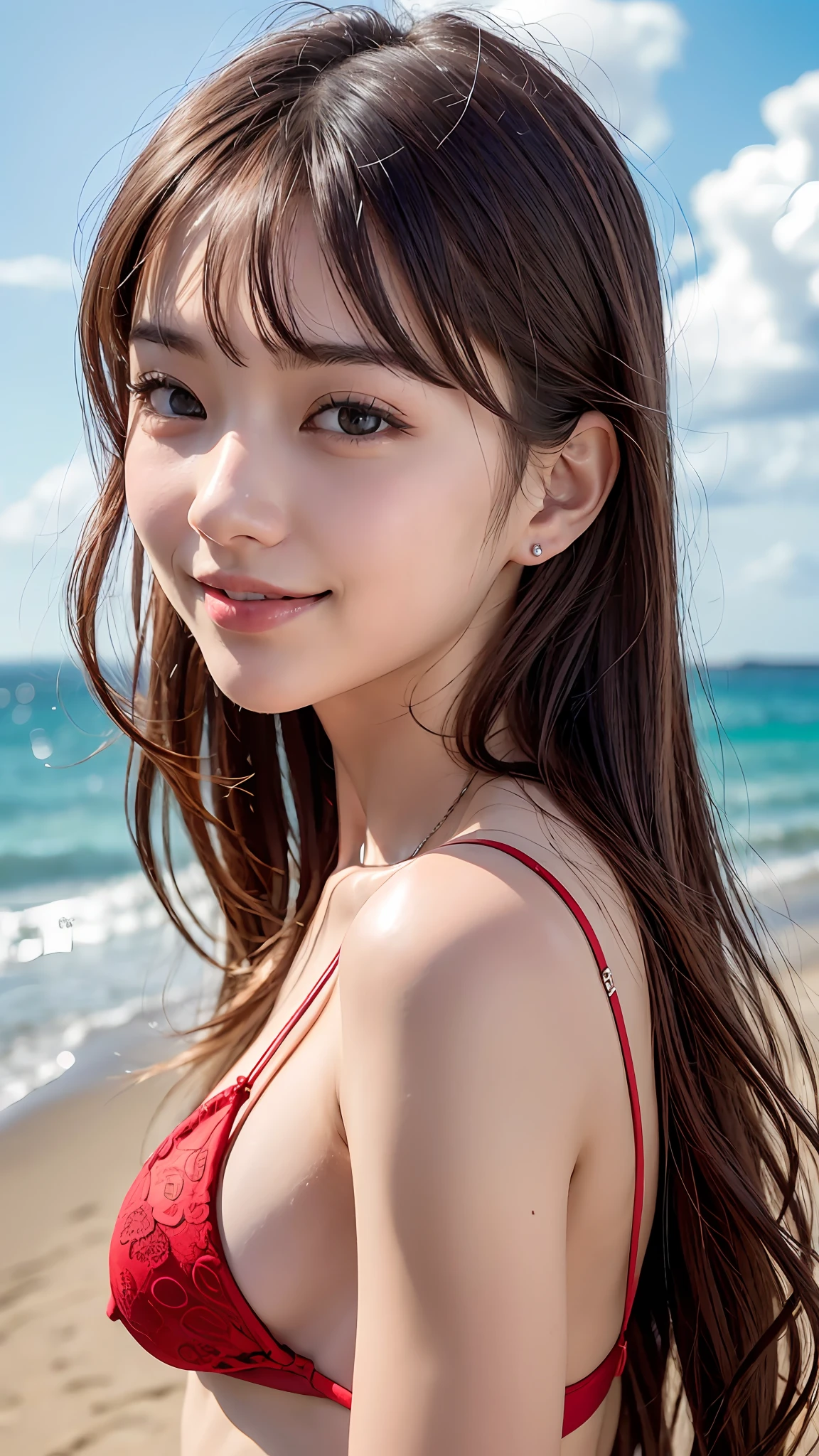 ((top-quality、Top image quality、超A high resolution))、((Raw photo、Photorealsitic:1.4))、Beautiful woman walking on the beach、20yr old、Neat and clean beauty、walking alone、独奏、Perfect Style、thin-waist、small ass、a small face、tthin eyebrows、cute smile face、Young models、Kpop Idol、Round contour、A charming smile、big eye、Ultra-detailed and beautiful skin、Red Micro Bikini、Super detailed and beautiful face