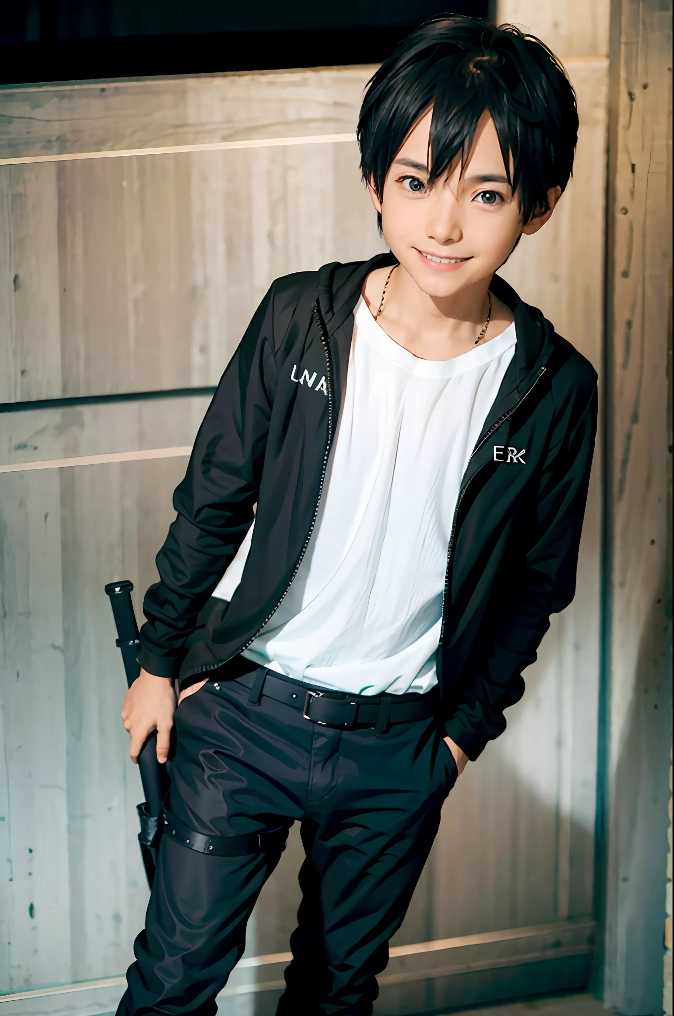 1boy, boy, kirito, looking at viewer, standing, cowboy shot, full body, smiling, ultra-detailed