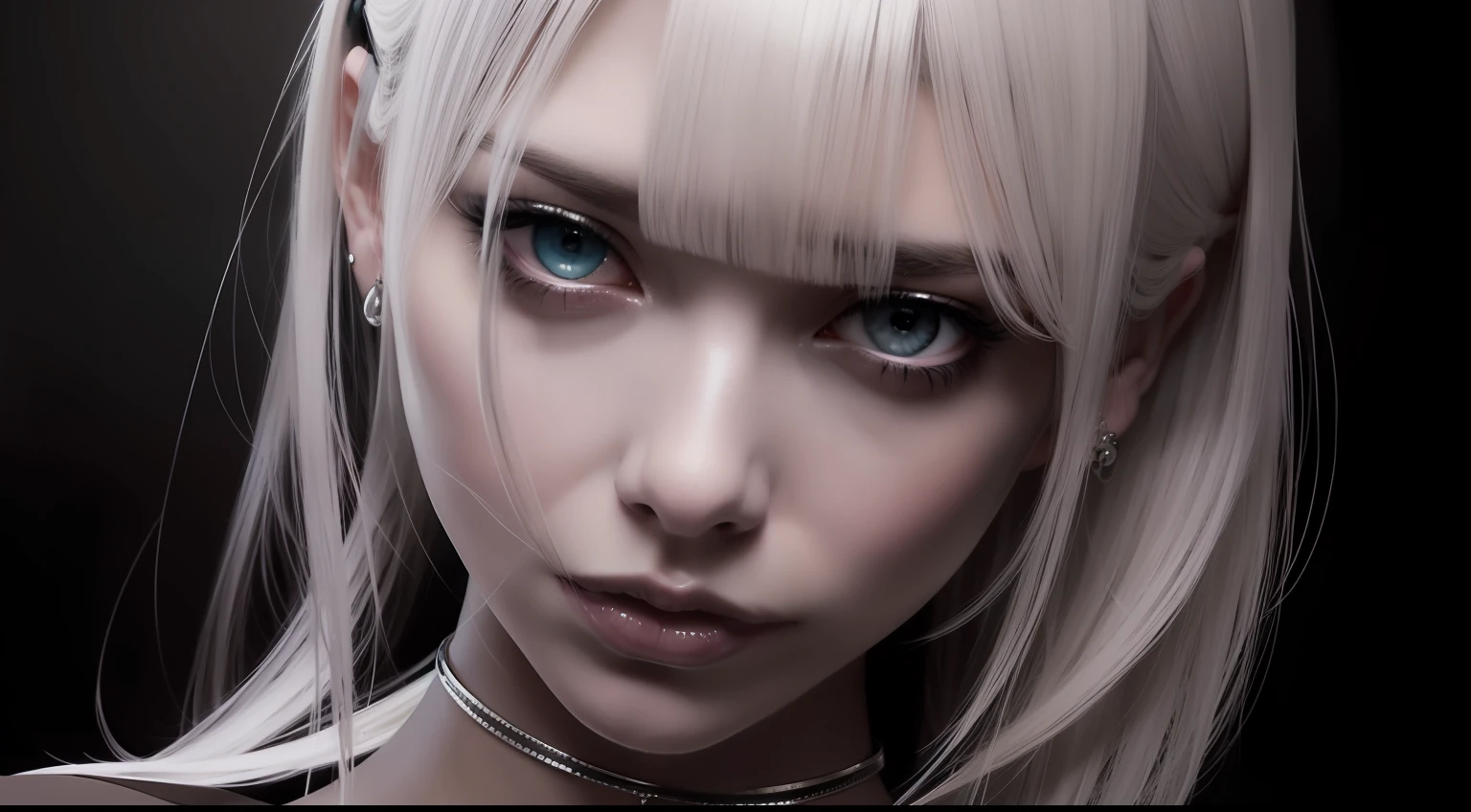 young pale skinny white girl, (Black background), black and silver hair, full body, cover, choker, hyperdetailed painting, Bar lighting, complex, Artgerm, WLOP,