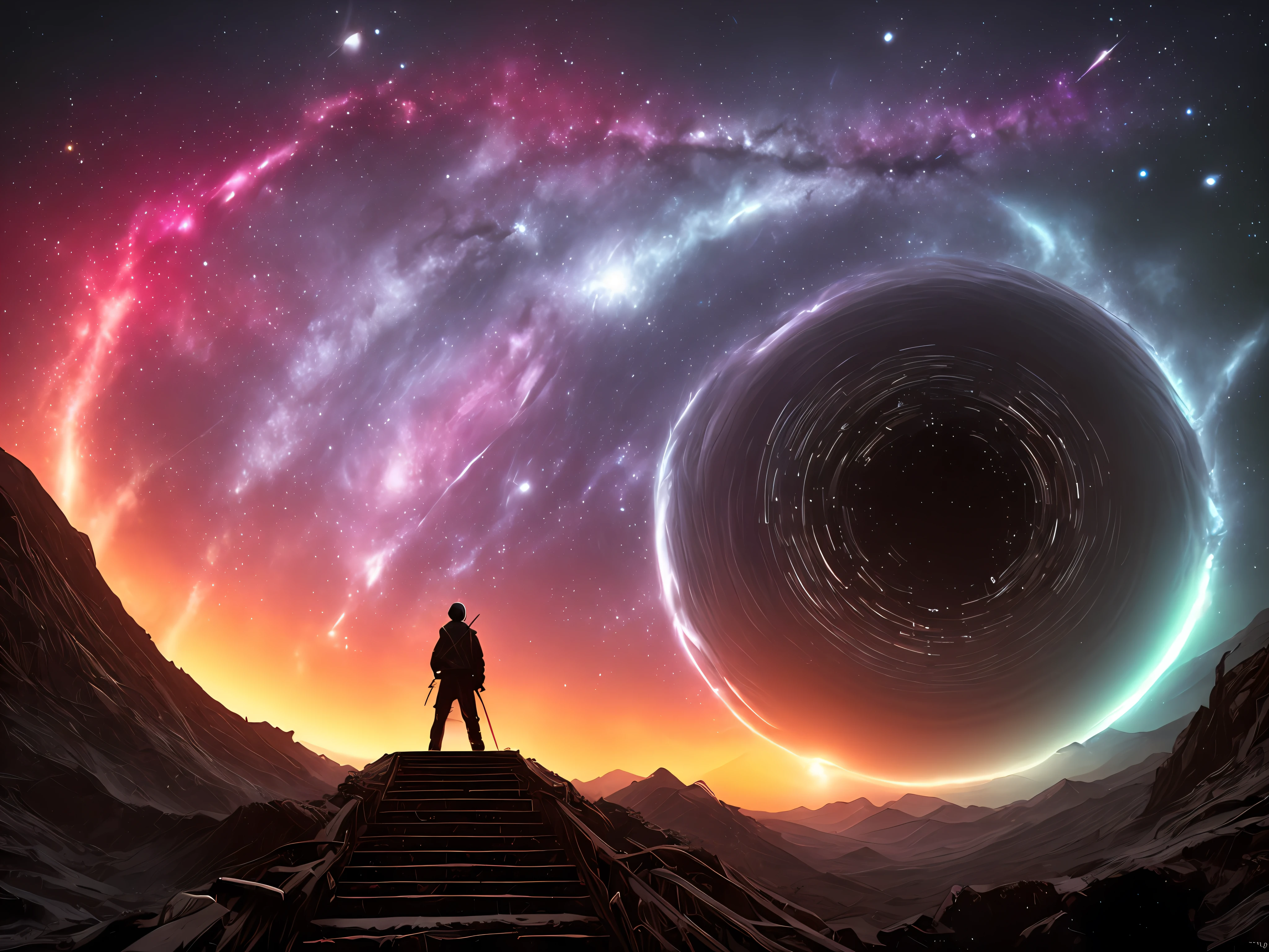 The 's back,Unspeakable horror,torii, The universe is of infinite length, Infinite galaxies, Dangerous black holes, Exploding supernovae, Floating star, Unlimited stairs, starry Nebula, Disturbing cinematic atmosphere, Negative dark mode, Matrix atmosphere, Cloud Storm Vortex digital code