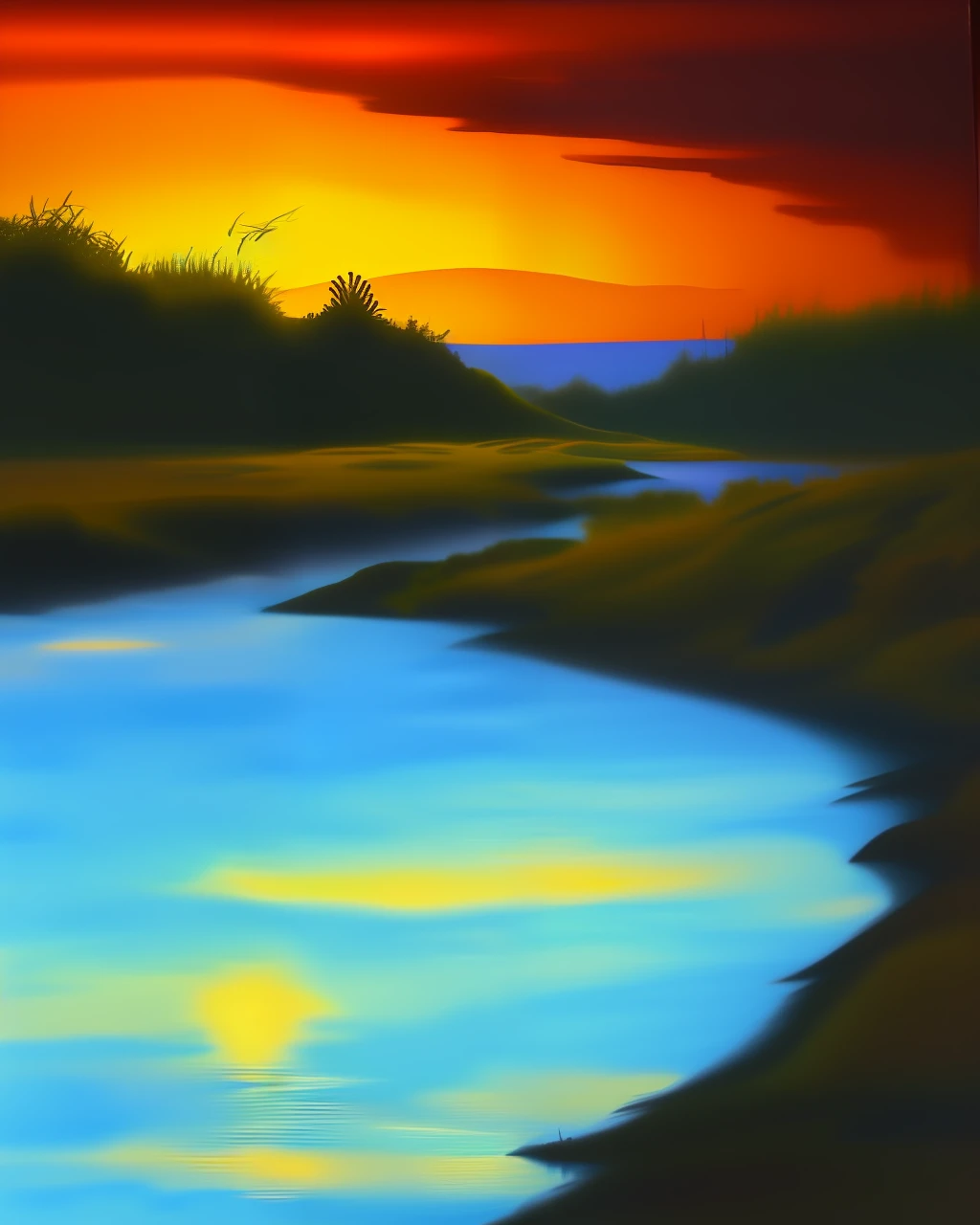oil painted,evening light,suns,river water