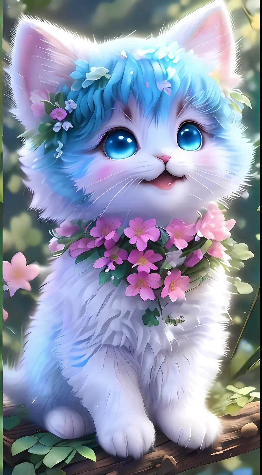 , Realistis, shaggy, (Kitten dressed), an cheeks, full bodyesbian, Non-human, ssmile, sparkle eyes, Minitary, Sit on a branch, lying down,In pink,Left!!!