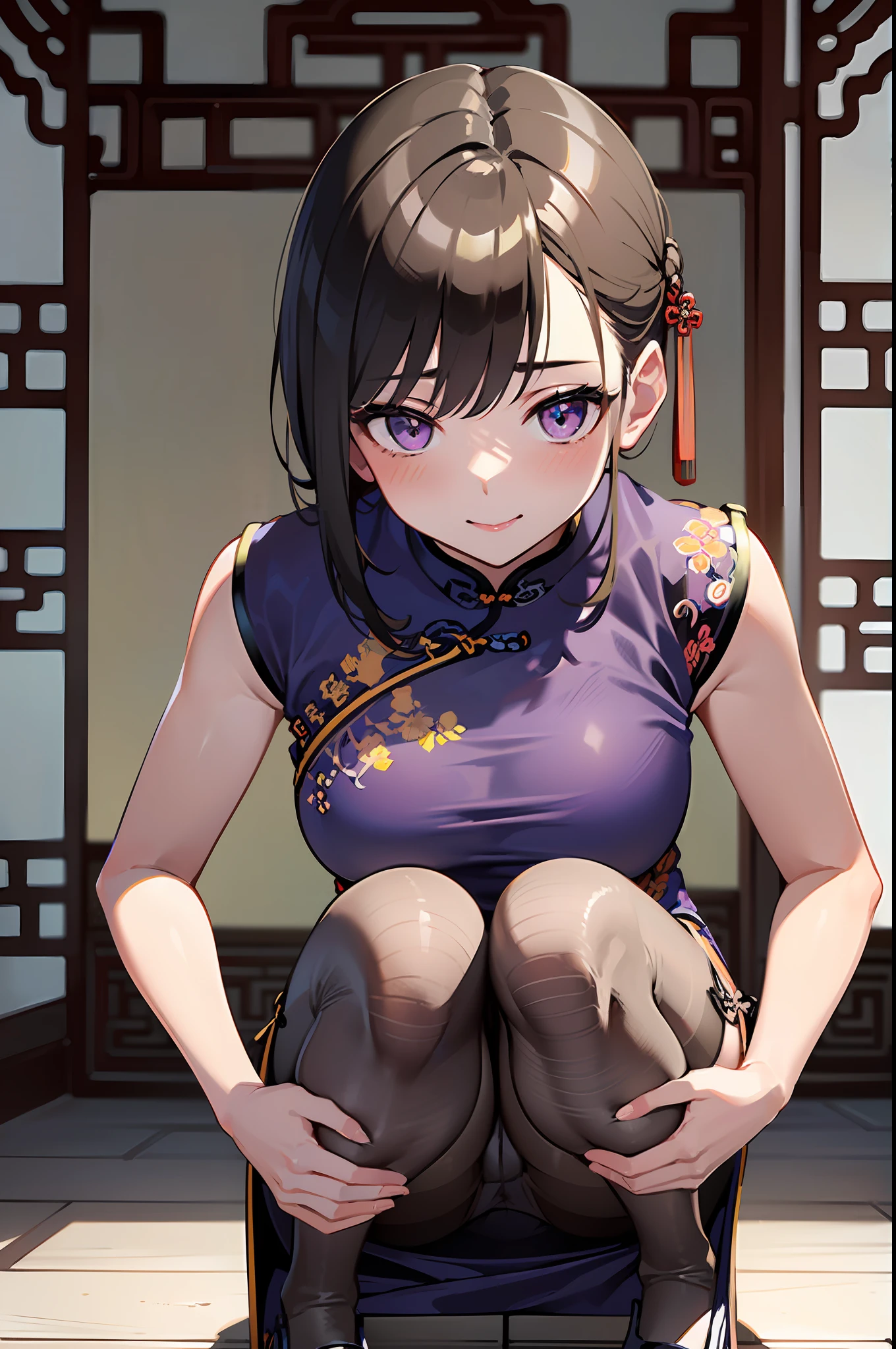 1 girl,​masterpiece、beautiful  lighting、Detailed beautiful face、Detailed beautiful eyes、hight resolution、Ultra-fine illustration、extremely delicate and beautiful、top-quality、eye glass:1.2,(A MILF:1.3),30s、(chinese clothes:1.7),(crouching down:1.7)、The whole body is shown、(A dark-haired:1.3、Pixie Bob、Eyes are purple)、(drooing eyes、The eyes are detailed and beautiful、Kamimei),Curvaceous,、A smile、(shinny hair, Glossy eyes, shinny skin), (glistning skin) 、(gloves、elbowgloves)、(Sleeveless 、turtle neck)、thighs thighs thighs thighs、Watch your audience、blushed、(Thin pantyhose:1.3)、Blushing cheeks