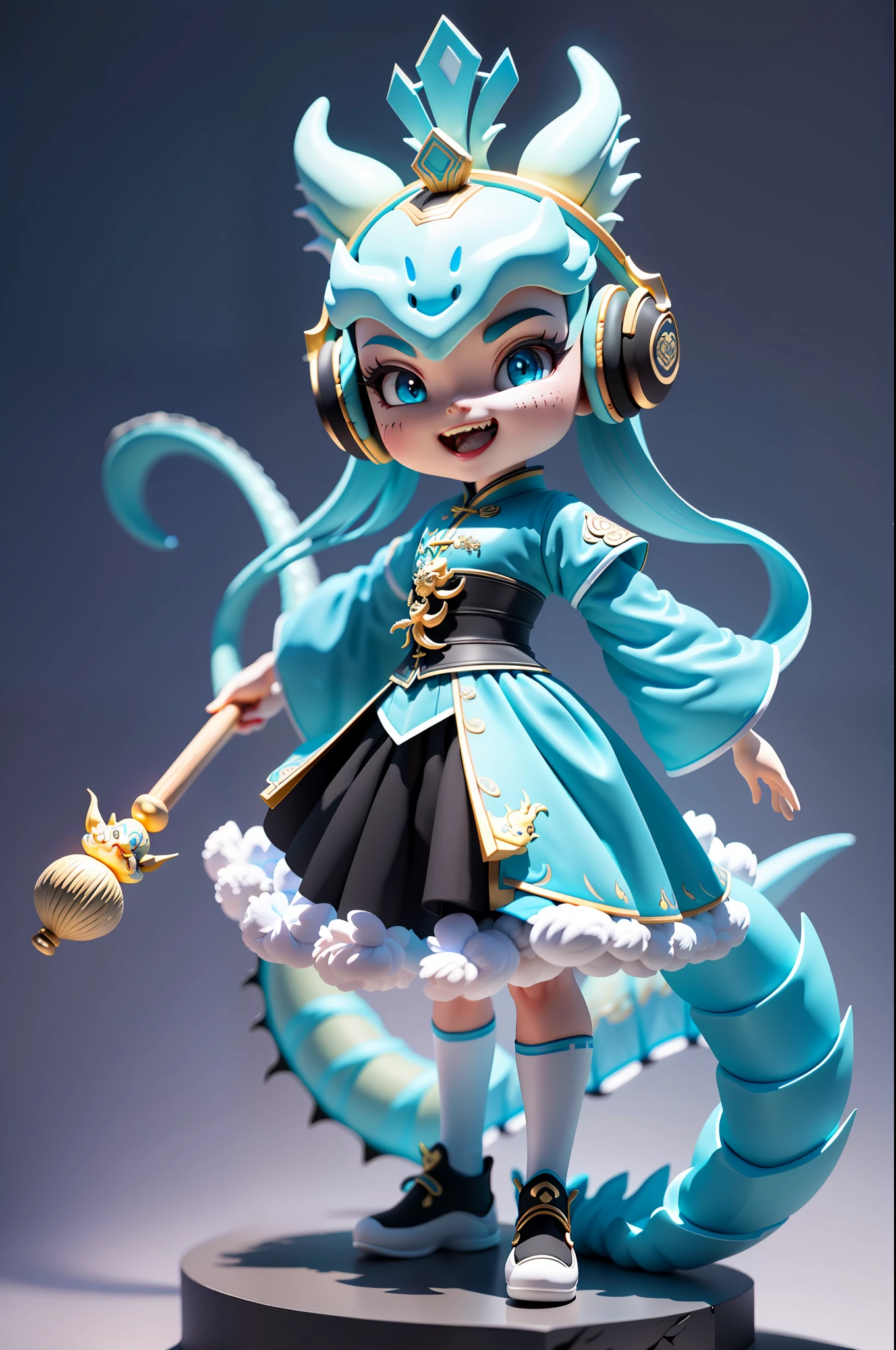 (Masterpiece), (Excellent), (Ultra Detailed), (Full Body: 1.2), (Solitary), Cyan Theme, Chinese Dragon Magician, Exquisite Chinese Dragon Head Head, Dragon Horn, Dragon Whisker, Cute, Open Mouth, Smile, Headphones, Dragon Scales, Staff, Popmart Blind Box, Clay Texture, Stepping on Earth, Black and White Background, Natural Light, Best Quality, Ultra Detail, 3D Art, C4D, OC Renderer, 3D Rendering, 8K